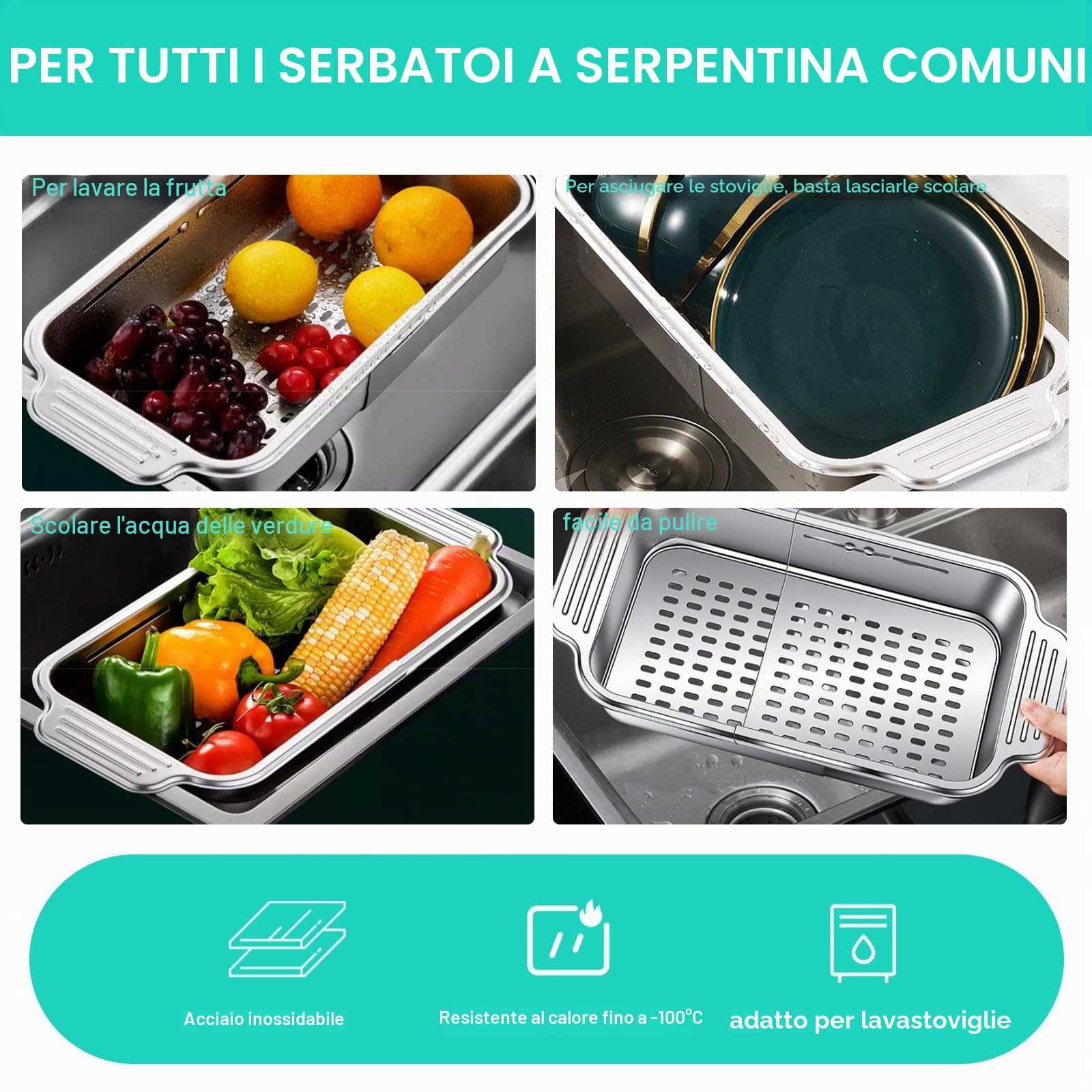 Scolapasta estensibile, sopra il lavandino Scolapasta rettangolare allungabile in acciaio inox 304 lavare frutta e verdura, scolare la pasta cotta e i piatti secchi