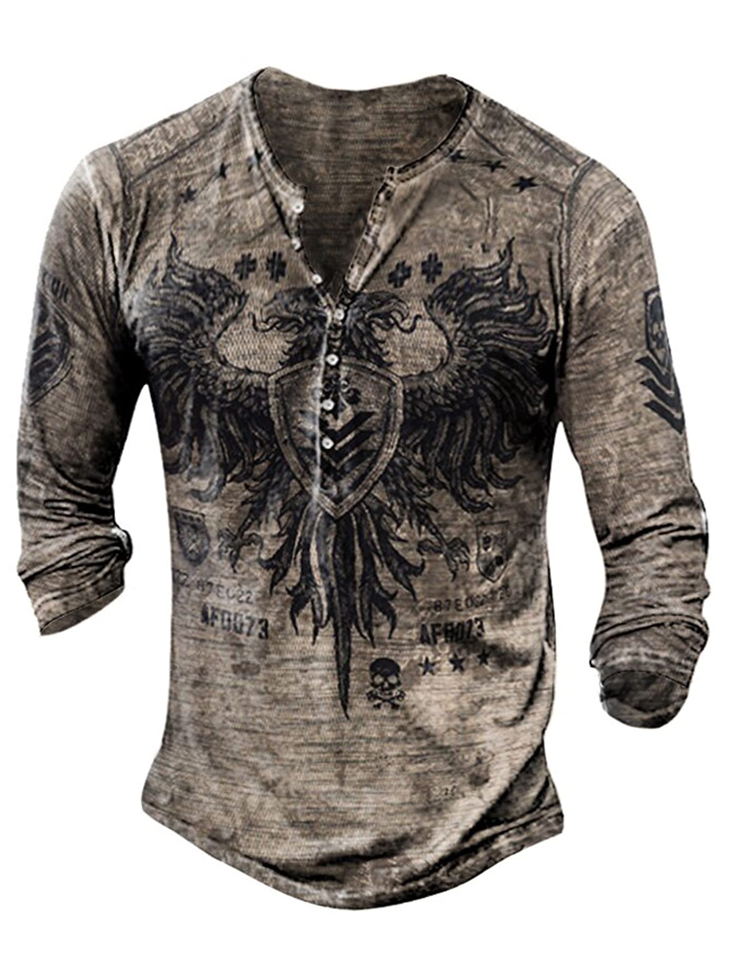 Mens Henley Shirts Vintage Distressed Tops Button Up Blouse Long Sleeve Casual Tee Shirts Gym Shirts