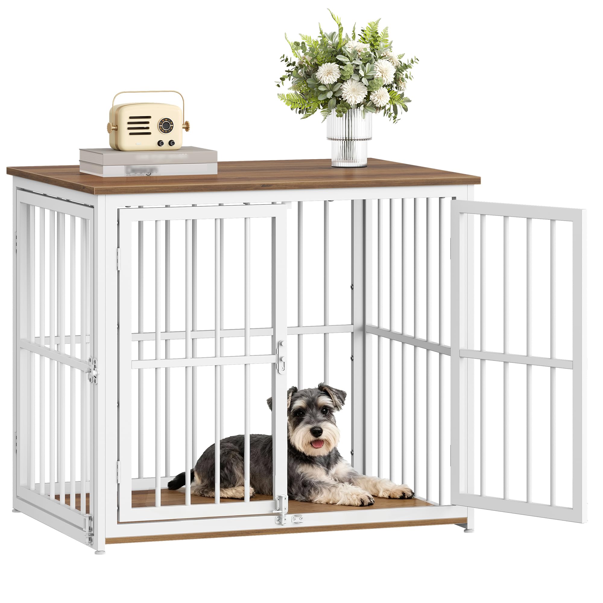Hundekäfig Möbel, 80cm Hundebox für Zuhause mit 3 Türen, Hundebox Holz Indoor, Beistelltisch, Hundekäfig Hochbelastbar, für Kleine und Mittelgroße Hunde, 80x60x70cm, Vintagebraun & Weiß