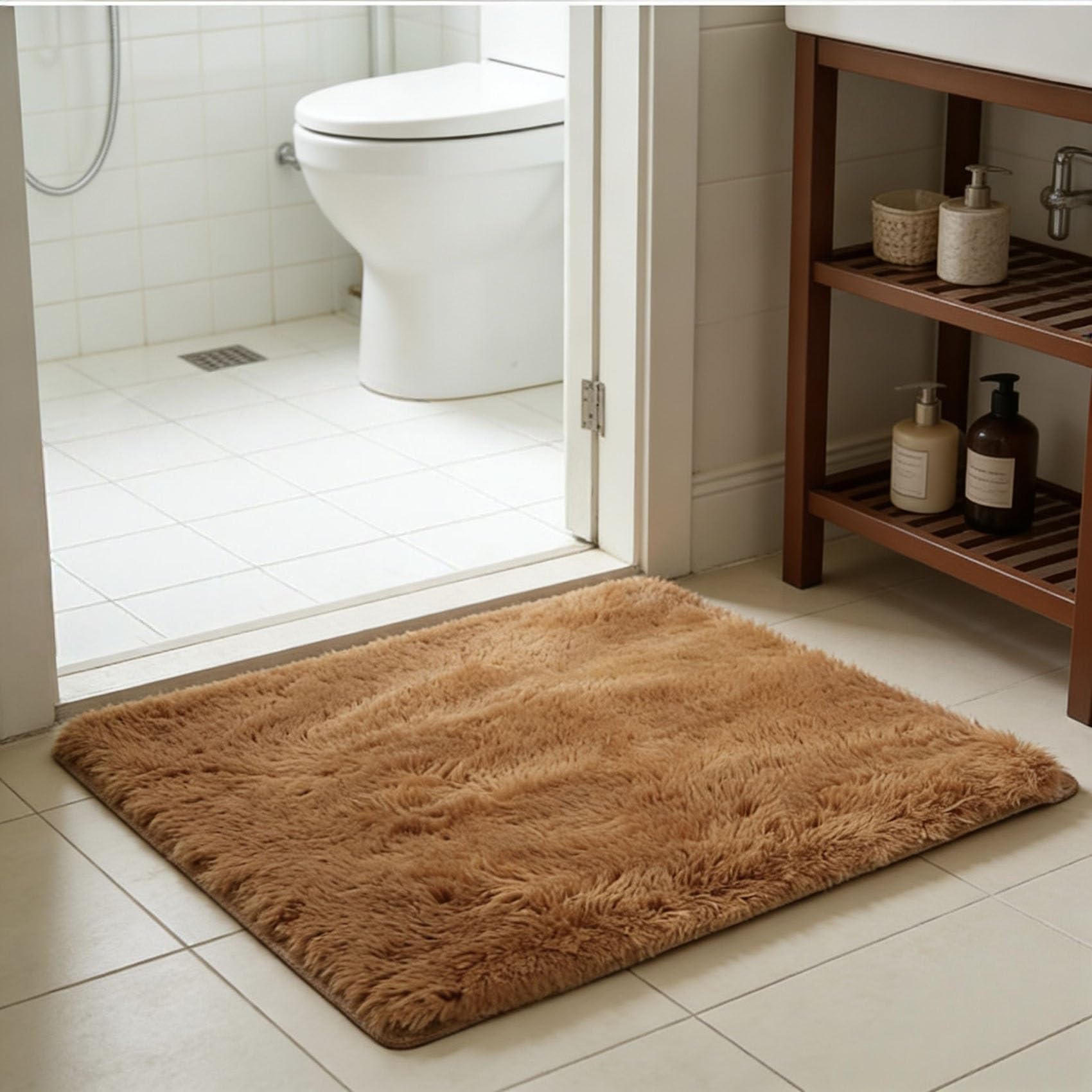 Tapis salon marron doux moelleux antidérapant moderne à poils longs 129 x 130 cm