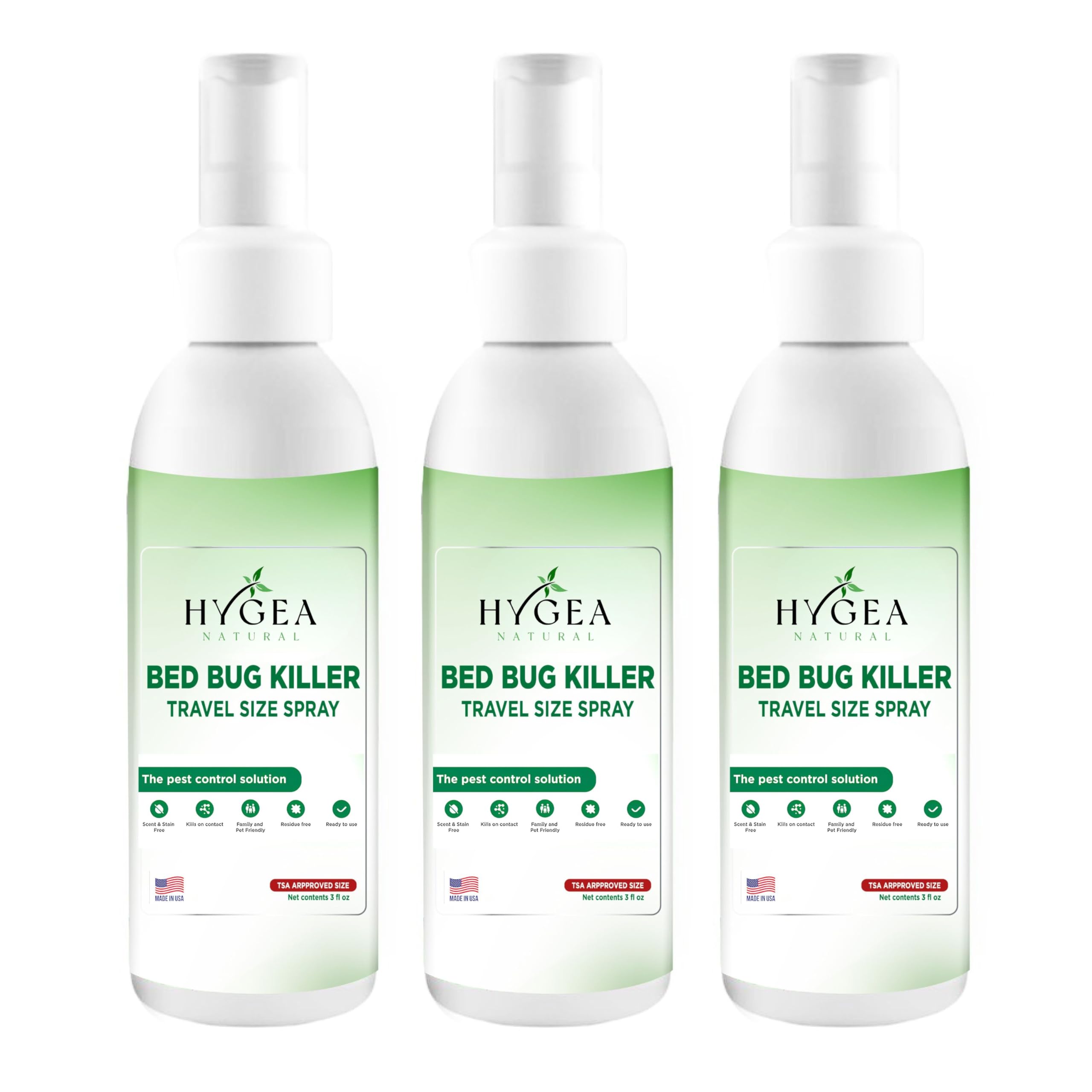 Hygea Natural Lice, Mite, and Bed Bug Natural Travel Spray - TSA Approved 3 oz Size Bottles - Child & Pet friendly - Stain & Odor Free - For Hotels, Suitcase, Backpack, Shoes - Bed Bug Spray (3 Pack)