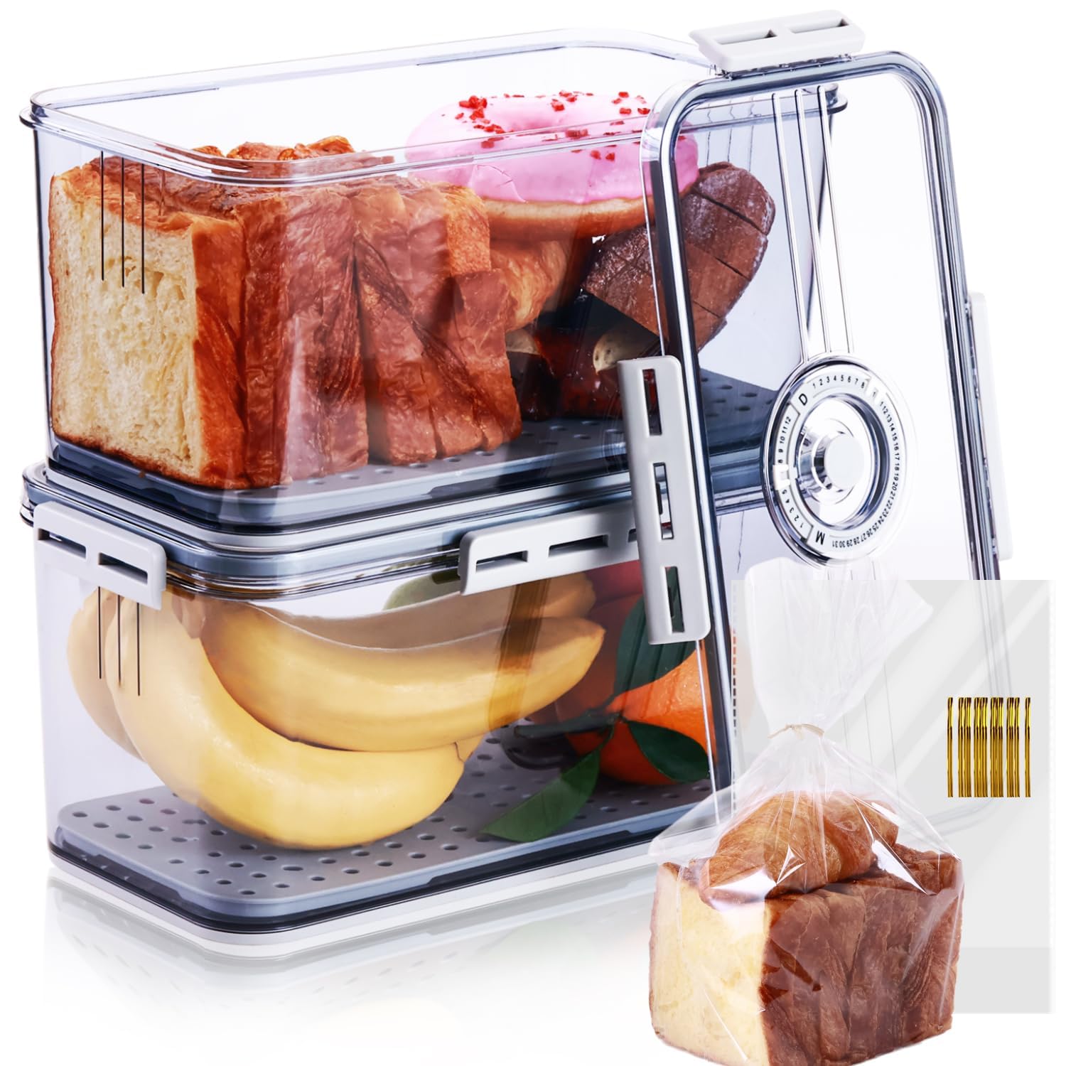 2 Pack Bread Box for Kitchen Countertop, 12 X 6 X 6 Inch Bread Container Storage Airtight Loaf, Clear Breadbox for Bread Storage, Refrigerator Lock Box for Fruit Storage Bread Holder with Bread Bags