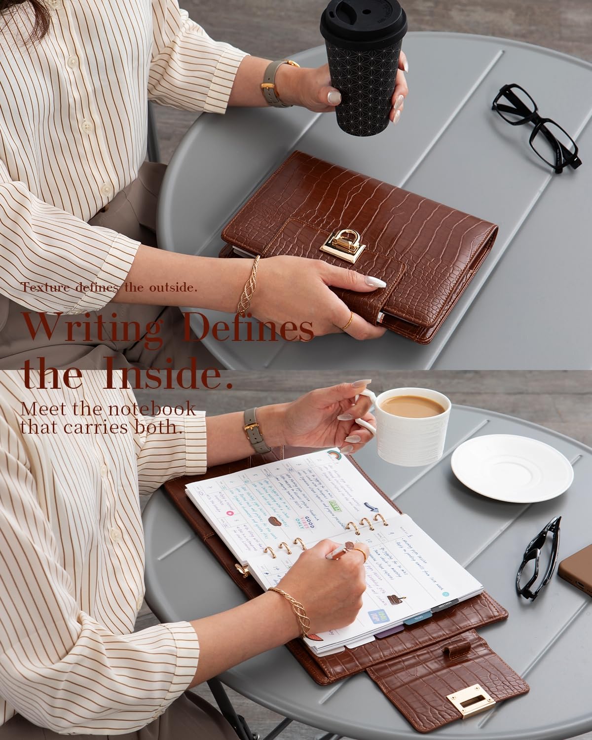 Planificateur en cuir non daté A5 texture crocodile 14,7 x 21 cm classeur rechargeable 6 anneaux 80 feuilles séparateurs