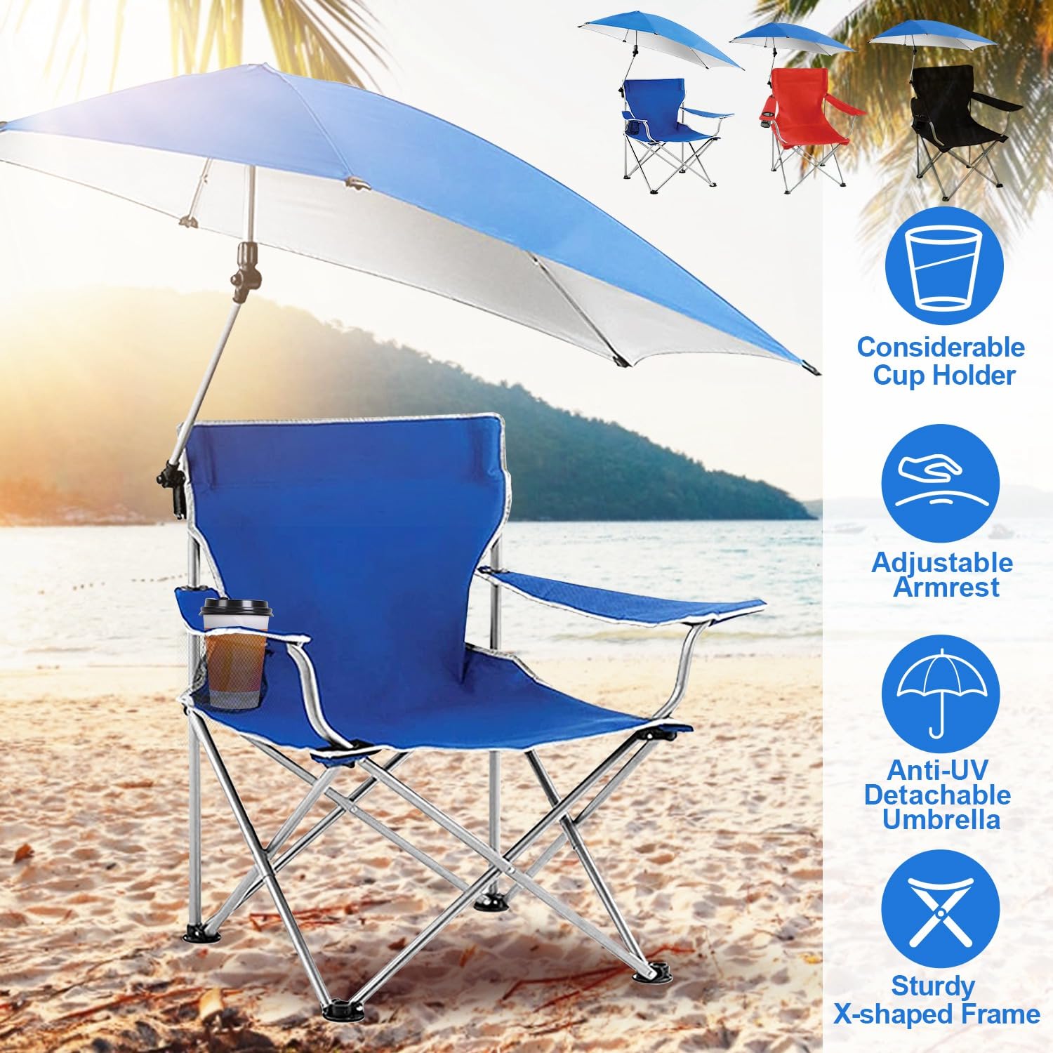 Beach Chair with UPF 50+ Adjustable Umbrella, Outdoor Folding Beach Chairs for Adults with Cup Holder & Carry Bag, Protable Recliner Chair for Camping Hiking Fishing, Max Hold Up 350LB - U.S Spot