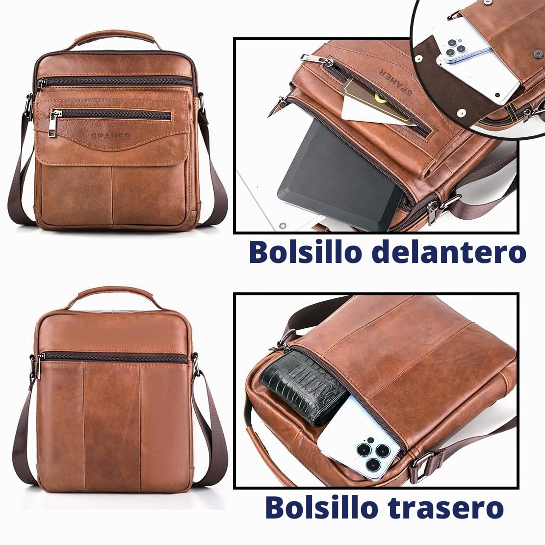 SPAHER Bandolera de Cuero Grande Bolso Piel Caballero Mariconeras para Hombres Man Bag