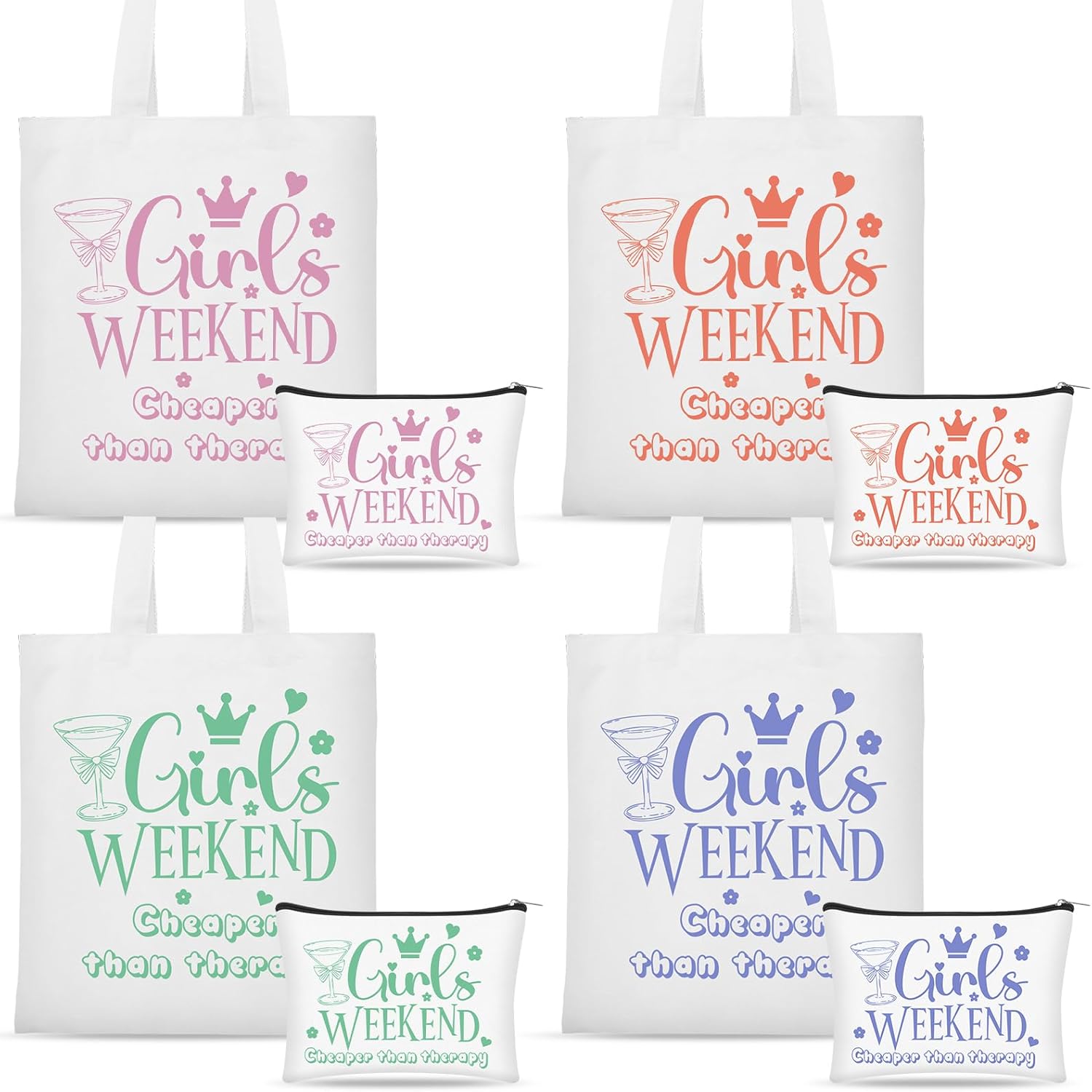 8 Pcs Girls Weekend Makeup Bag Gifts Bulk Include 4 Women's Trip Makeup Bag 4 Weekend Tote Bag Women Trip Cosmetic Bags Zipper Toiletry Bags for Women Friend Graduation Wedding Bachelorette Party