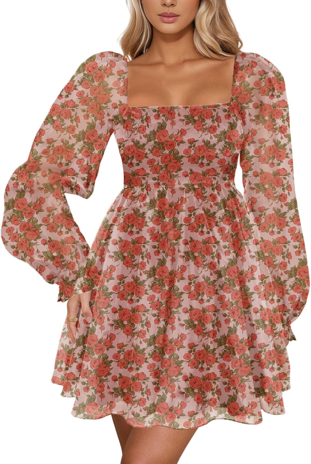 Aisbei Women's Square Neck Puff Sleeve Babydoll Dress Backless Casual A-Line Short Mini Dresses