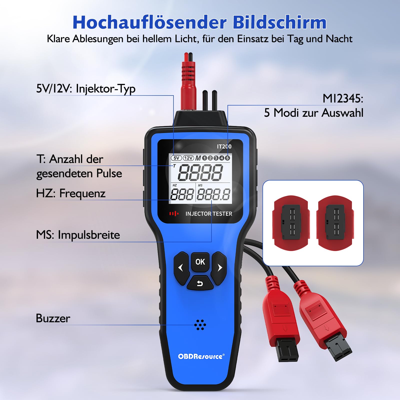 OBDResource Digitaler 5V/12V Diesel Benzin-Einspritzdüsen-Tester mit 5 Test-Modi und HD-Display, 2 Einspritzdüsen-Reiniger-Adapter