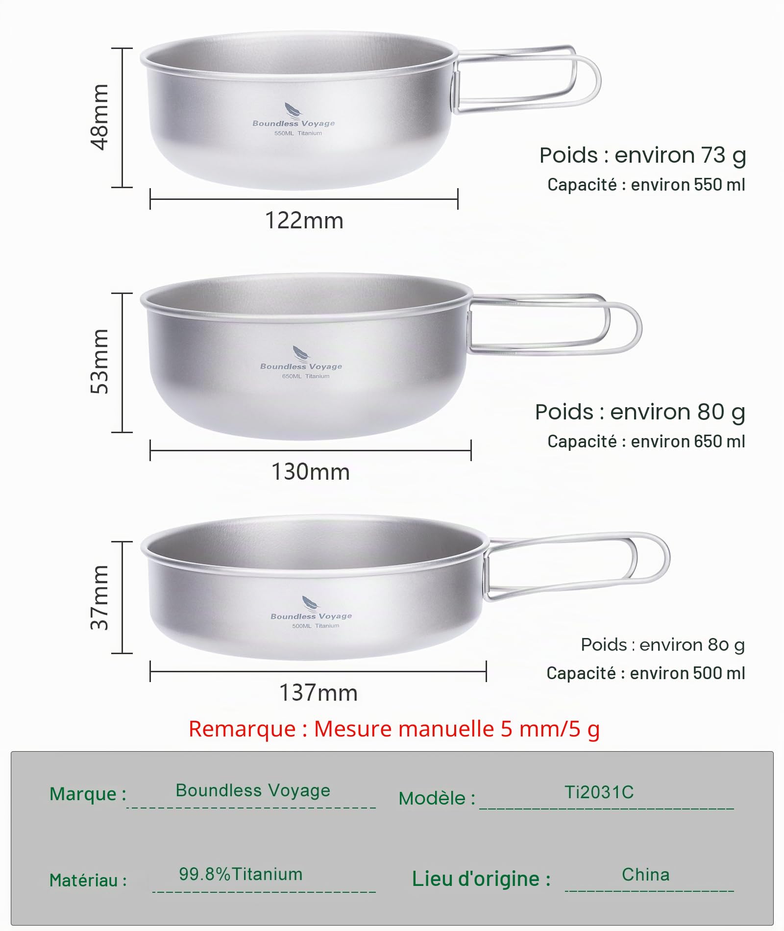 iBasingo Ensemble de casseroles et poêles en titane léger à suspendre pour le camping et l'extérieur, kit de cuisine portable avec poignée pliable
