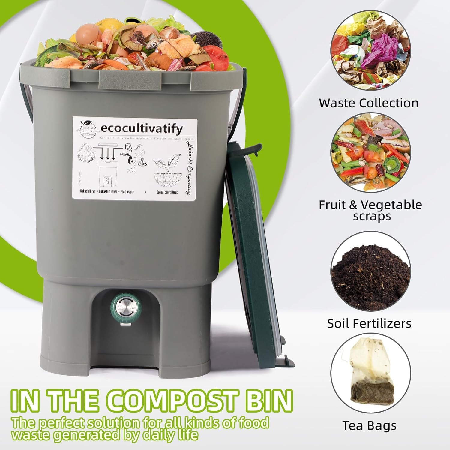 18.8L Bokashi Compost Bin, 5 Gallon Compost Bin for Kitchen Composter with Lid, Bokashi Start Kit with Bran