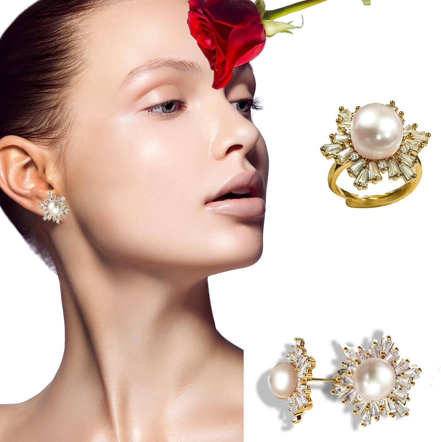 Handcrafted Snowflake Pearl Set - Earrings - Ring - Gold Trio - Image 6