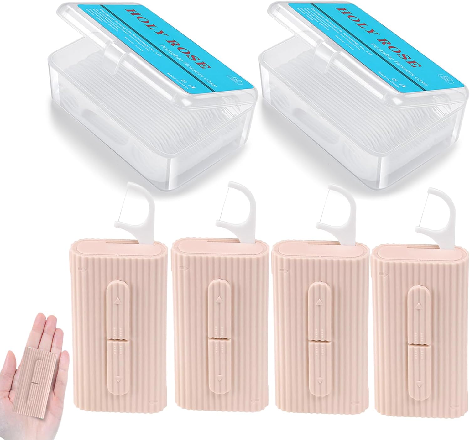 Holy Rose Travel Dental Floss Picks Case – 2 Boxes, Portable Floss Dispenser Pink – 4 Boxes, 50 Picks and 10 Picks/Box, Total of 160 Picks | Adult Flosser Sticks Set for Teeth and Oral Care.