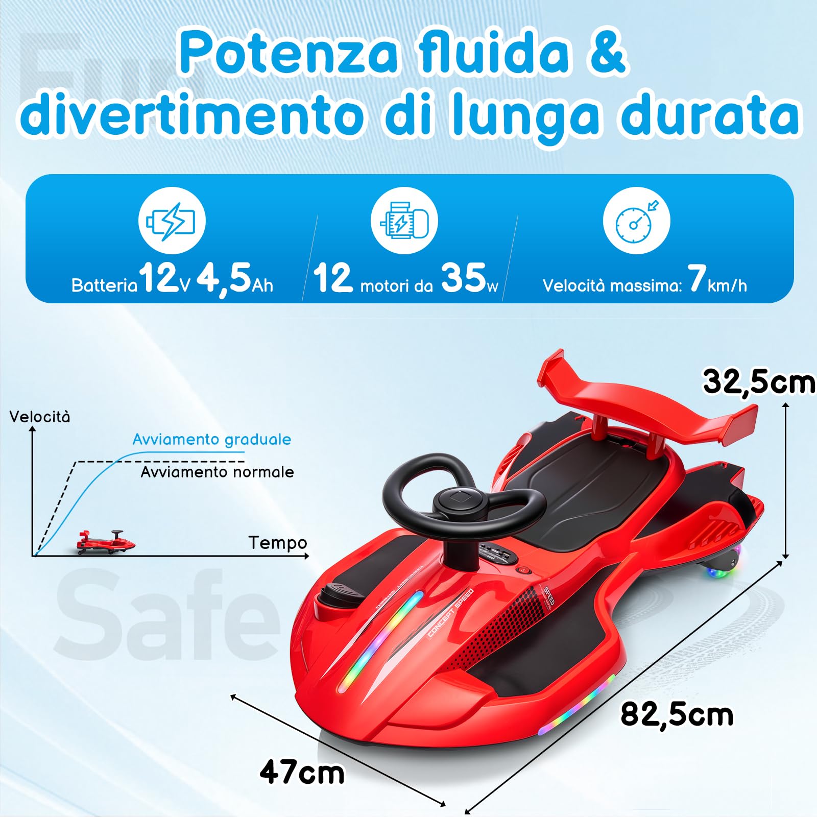 LALAHO Coche Eléctrico para Niños 12V, Coche de batería con Pedal, vehículo eléctrico 2 en 1 con 2 velocidades, Luces LED, protección antivuelco y Ruedas iluminadas, 3 años+ (Rojo-Negro)