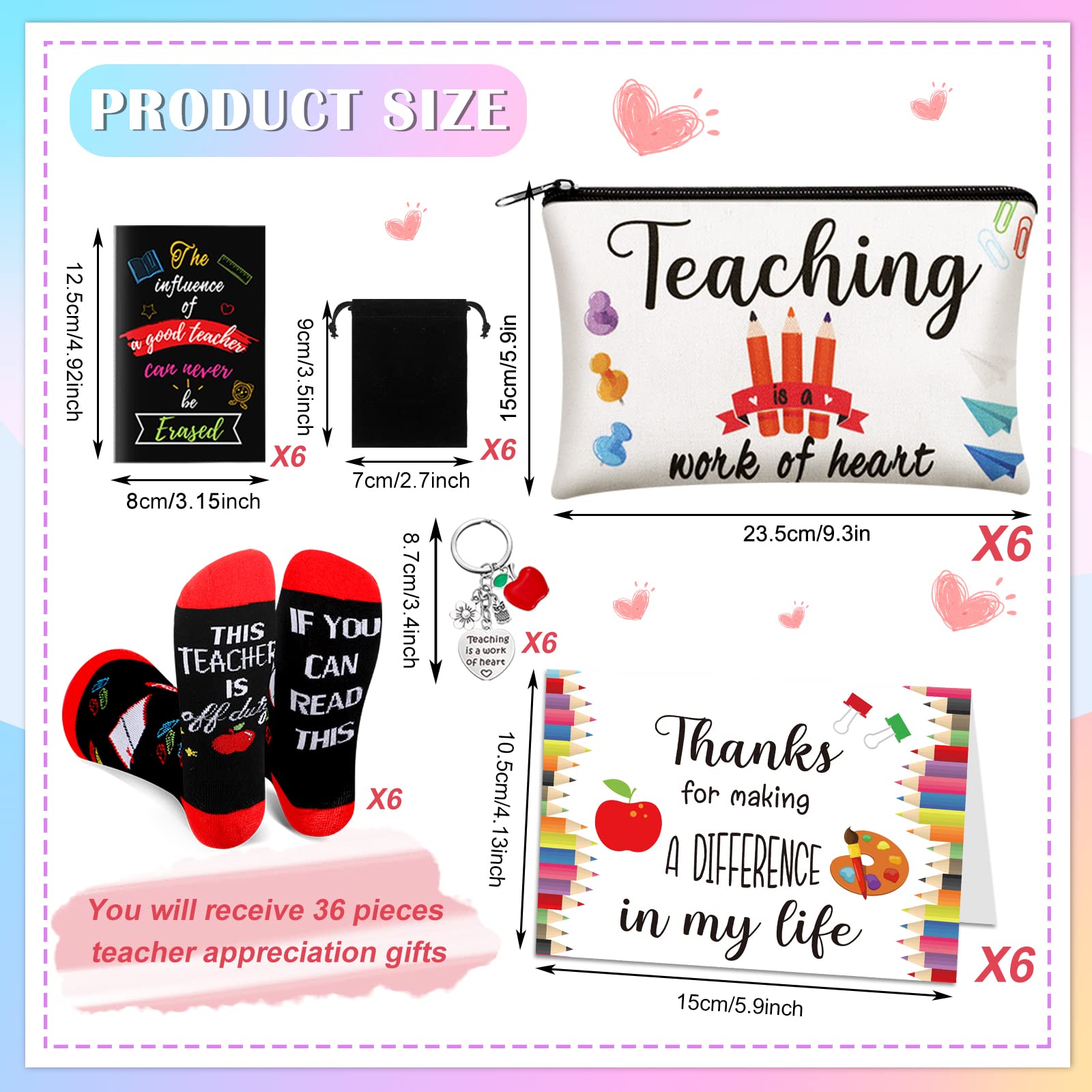 Eaasty 36 Sets Teacher Graduation Gifts Bulk Makeup Pouch Cosmetic Pencil Bag Keychains Inspirational Notebooks Cards and Socks for Teacher Appreciation Graduation Gifts