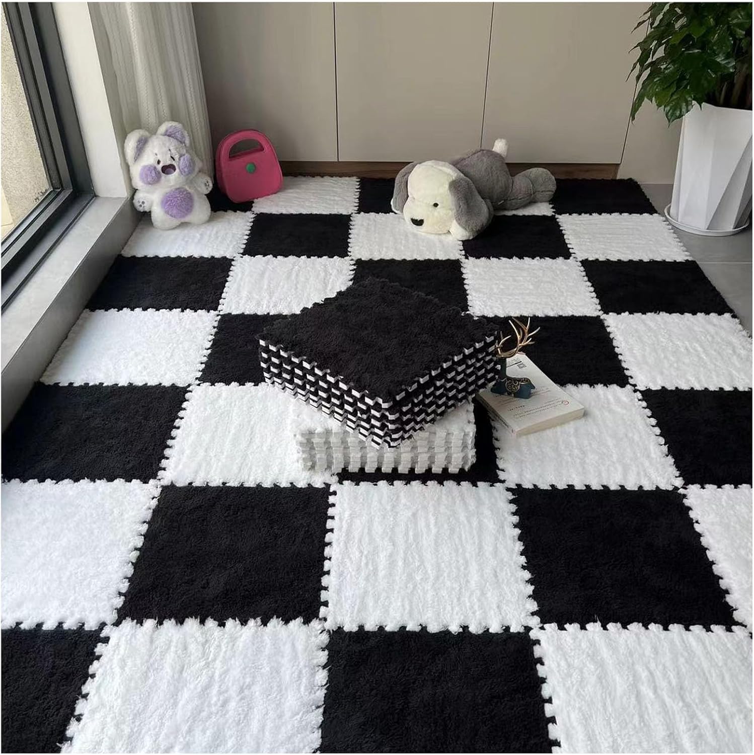 LoiYtrd Interlocking Carpet Tiles Soft EVA Foam Mats 10pcs 30x30x1cm Thickend Plush Puzzle Play Mat(White+Black)