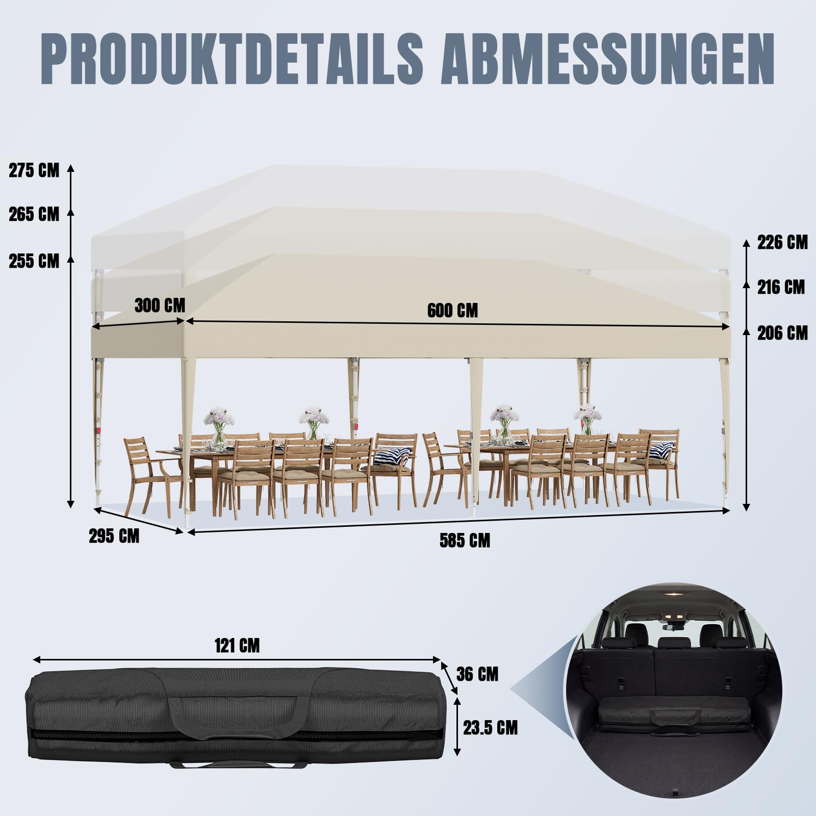 JUMMICO Tonnelle Pavillon Pliable 3x6m à Montage Rapide｜Assemblage en 5 Minutes｜Hauteur Réglable & 10cm Plus Haut｜Stable au Vent & Imperméable｜pour Jardin, Camping & Fêtes Beige