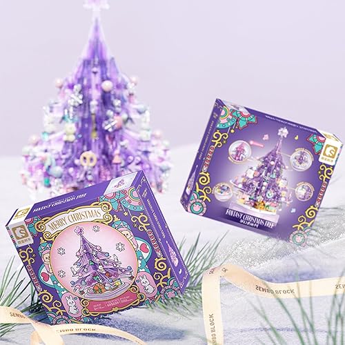 Miniatura 6 de Juego de bloques de construcción de árbol de Navidad, caja de música de árbol de Navidad de cristal morado, regalo de juguete de construcción de