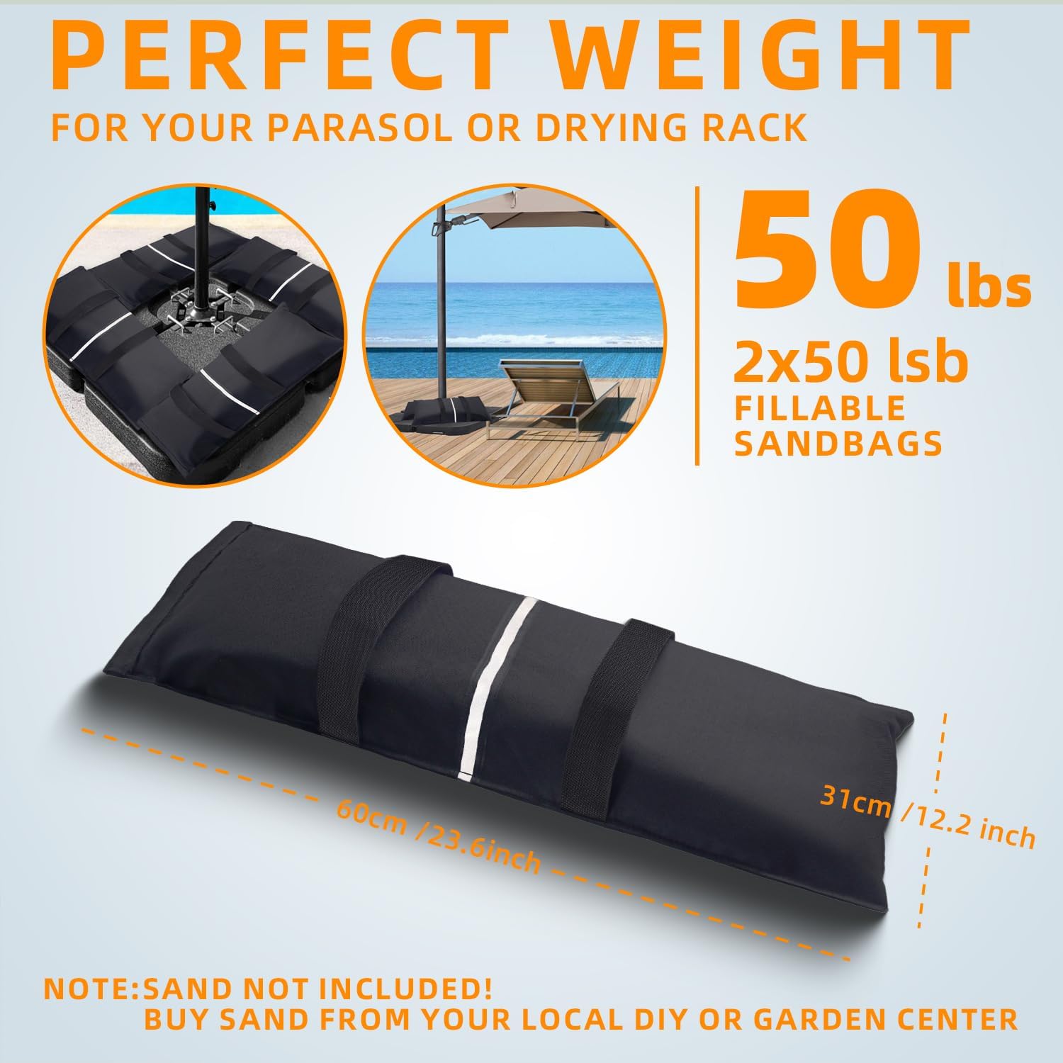 Umbrella Base Weight Sand Bags, 2 x 50 LBS Fillable Sand Bag for Umbrella Base, Cantilever Patio Umbrella, Trampoline, Outdoor Garden Backyard Furniture (Without Filler)