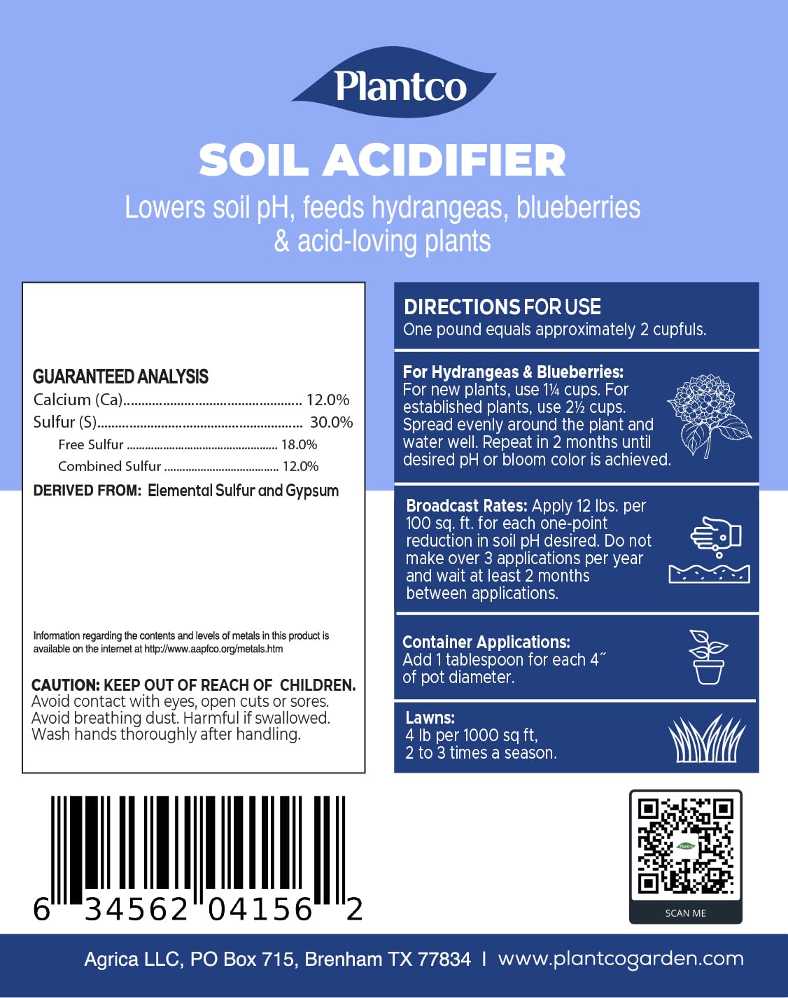 Soil Acidifier for Acid-Loving Plants, Turns Hydrangeas Blue, Lowers pH for Blueberries, Hydrangeas, Azaleas | 4 lb Bag