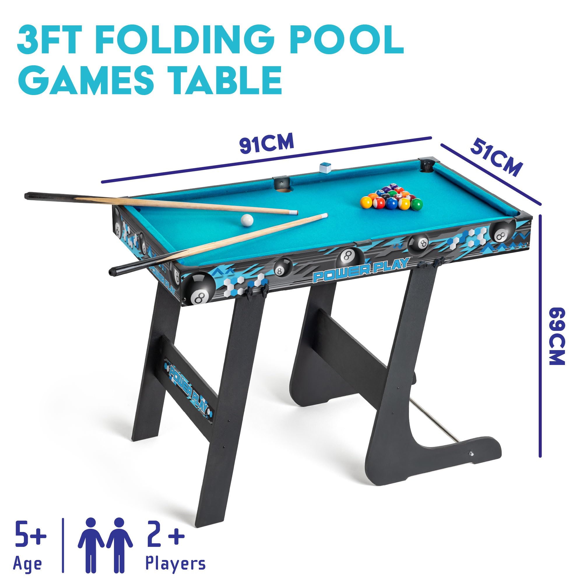 Powerplay 3ft Pool Table, Mini Table Pool Game for Kids & Adults, Compact & Portable, Easy Storage, Gift for Boys and Girls