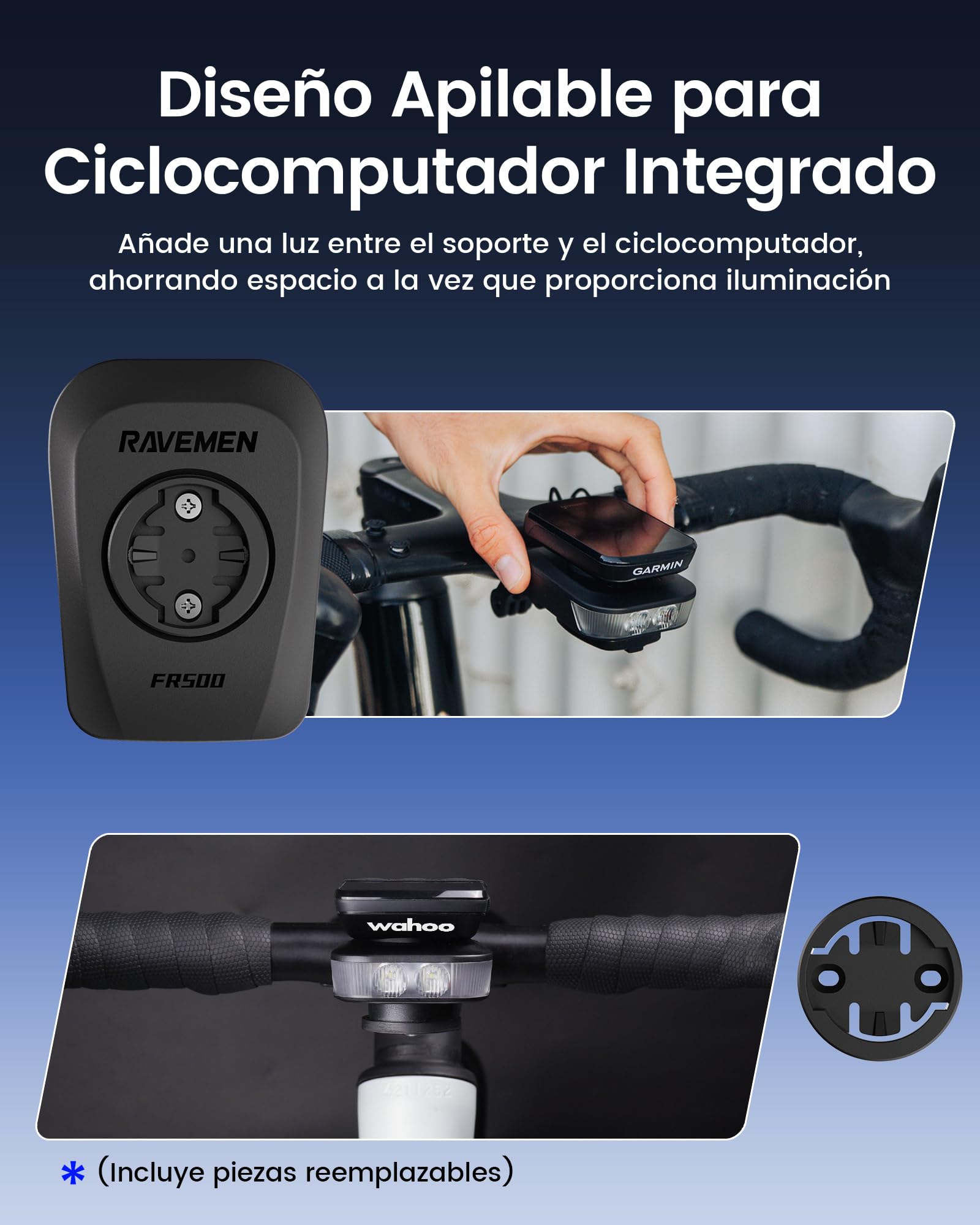 RAVEMEN FR500 500 Lúmenes Luz Delantera para Bicicleta de para Ciclismo Diurno y Nocturno, Compatible con Garmin/Wahoo Ciclocomputadores, 6 Modos USB C ON/Off Automático IPX6 Resistente al Agua