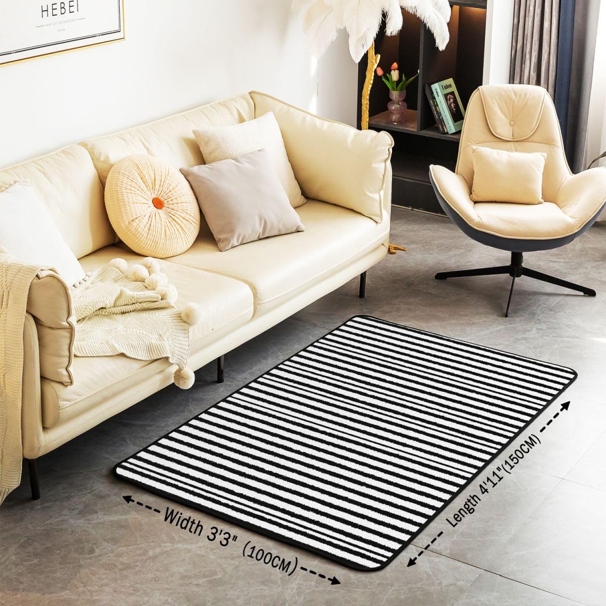 Tapis De Salon 100x150cm Noir Blanc Rayures Tapis Chambre Géométrique Moderne Doux Lavable Art Rayé Modernee Idéal pour Salon Et Chambre Résumé Antidérapant