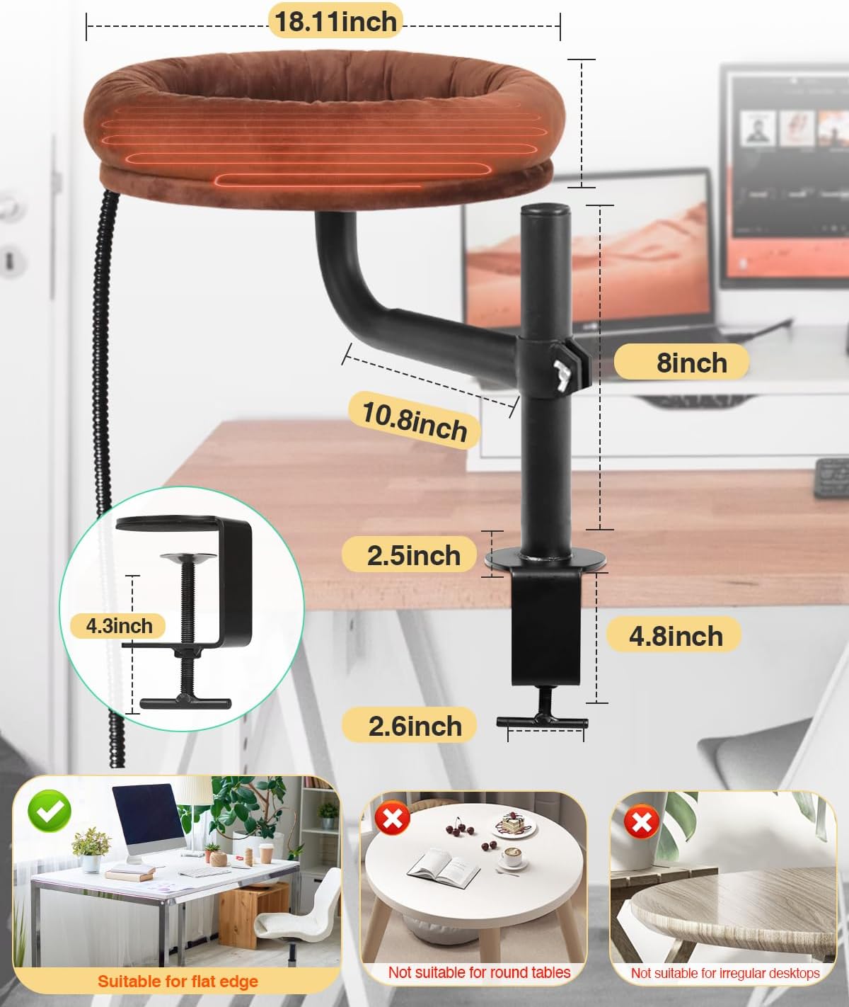 Cat Bed for Desk,Keeps Kitten Close and Workspace Clear Cat Bed,Height Adjustable and Rotatable,Drilling-Free(Heated Brown,18.5" Lx17.5 Wx17.5 W)