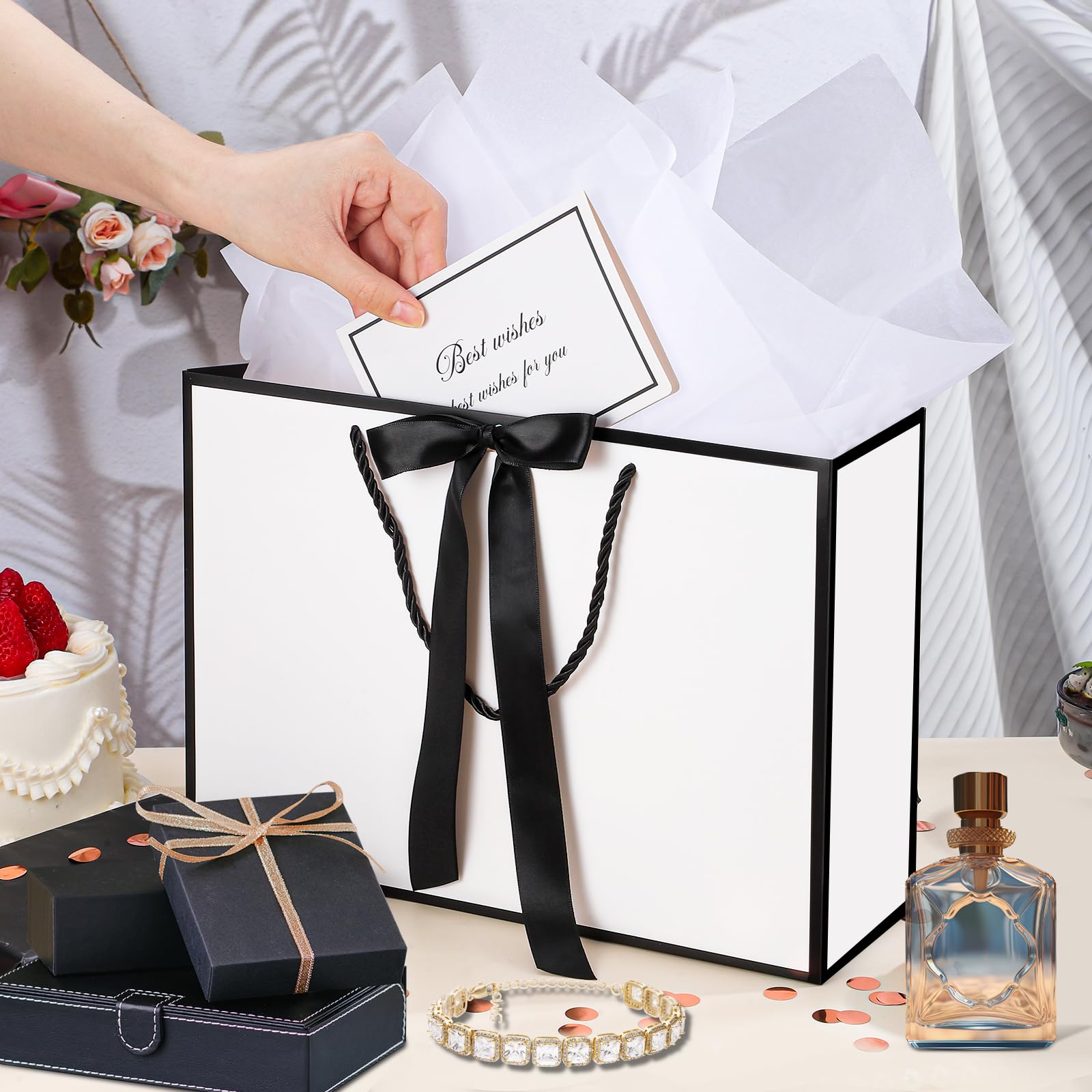 woric White Gift Bags with Handles, 14" Medium Gift Bag with Tissue Paper, 2 Pcs Gift Bags with 4 Tissue Paper and 2 Cards for Graduation Father's Day Wedding Bridal Shower Birthday Party