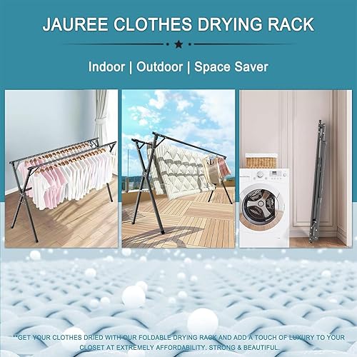 Miniatura 5 de JAUREE Estante de secado de ropa de 95 pulgadas, estante de secado plegable para interiores y exteriores, de acero inoxidable resistente, perchero