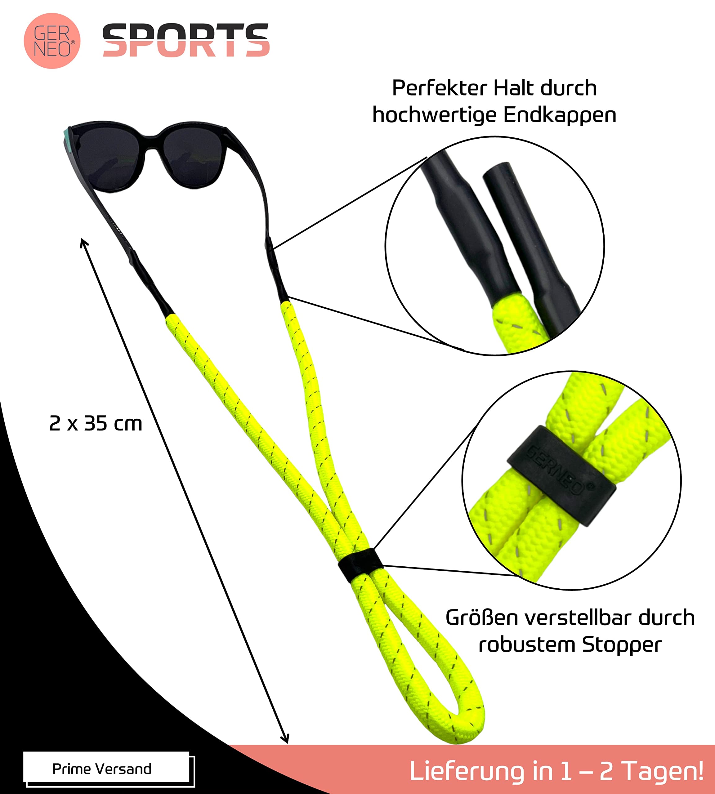 ORIGINAL – schwimmfähiges Sport Brillenband Neopren – reflektierenden Streifen – diverse Farben – verstellbar mit Kabelzug – wasserfestes Sportbrillenband & fester Halt für Wassersport