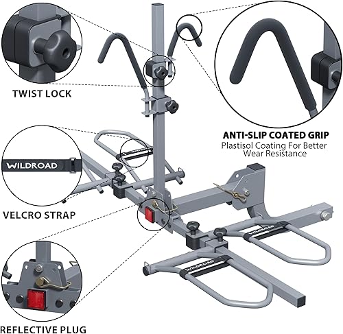 Miniatura 4 de WILDROAD Portabicicletas de enganche, soporte de bicicleta inclinable inteligente sin tambaleo, soporte plegable para 2 bicicletas para estándar,