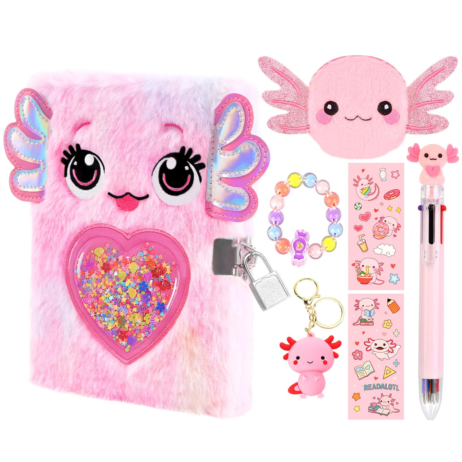 PrinBarBee Axolotl Diary For Girls With Lock And Keys, Girl Journal, Girls Fuzzy Notebook Gift Set For Writing And Drawing,Lock Diary For Kids,