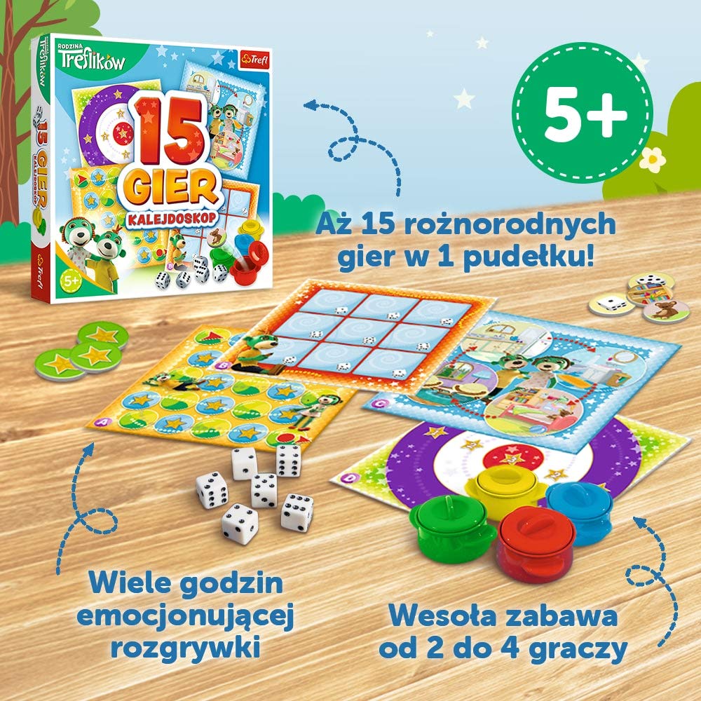 Trefl Kalejdoskop 15 Gier Zestaw Rodzinnych Gier z Bohaterami Bajki Rodzina Treflików dla Dzieci Powyżej 5 Lat