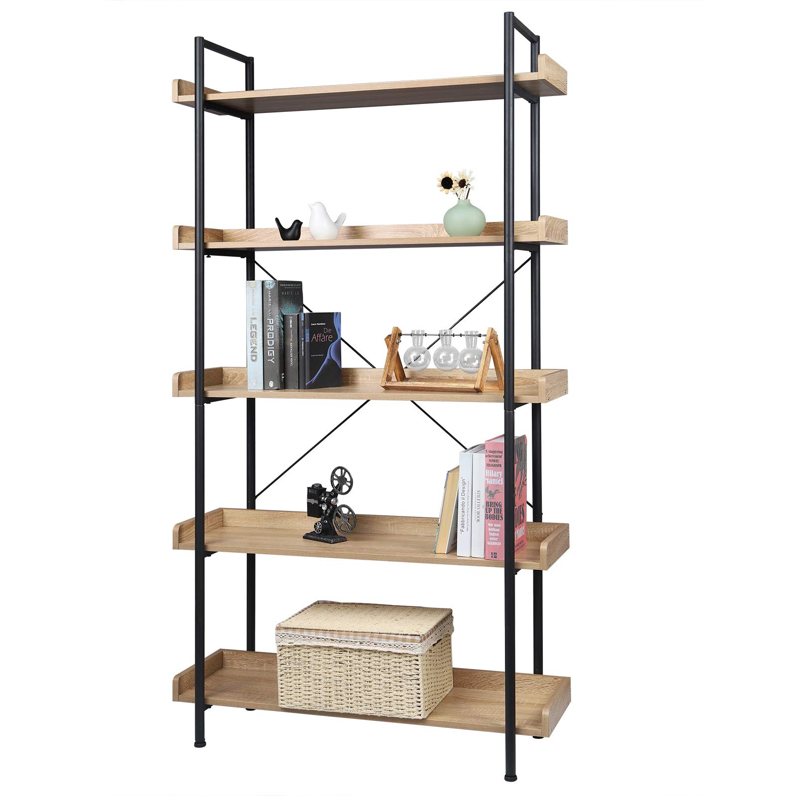 WOLTU Estanteria de 5 Niveles, Estante de Almacenaje | Estantería de Pie, Librería, Marco de Acero, para Salón Estudio y Oficina, 91x25,5x173 cm, Roble Claro