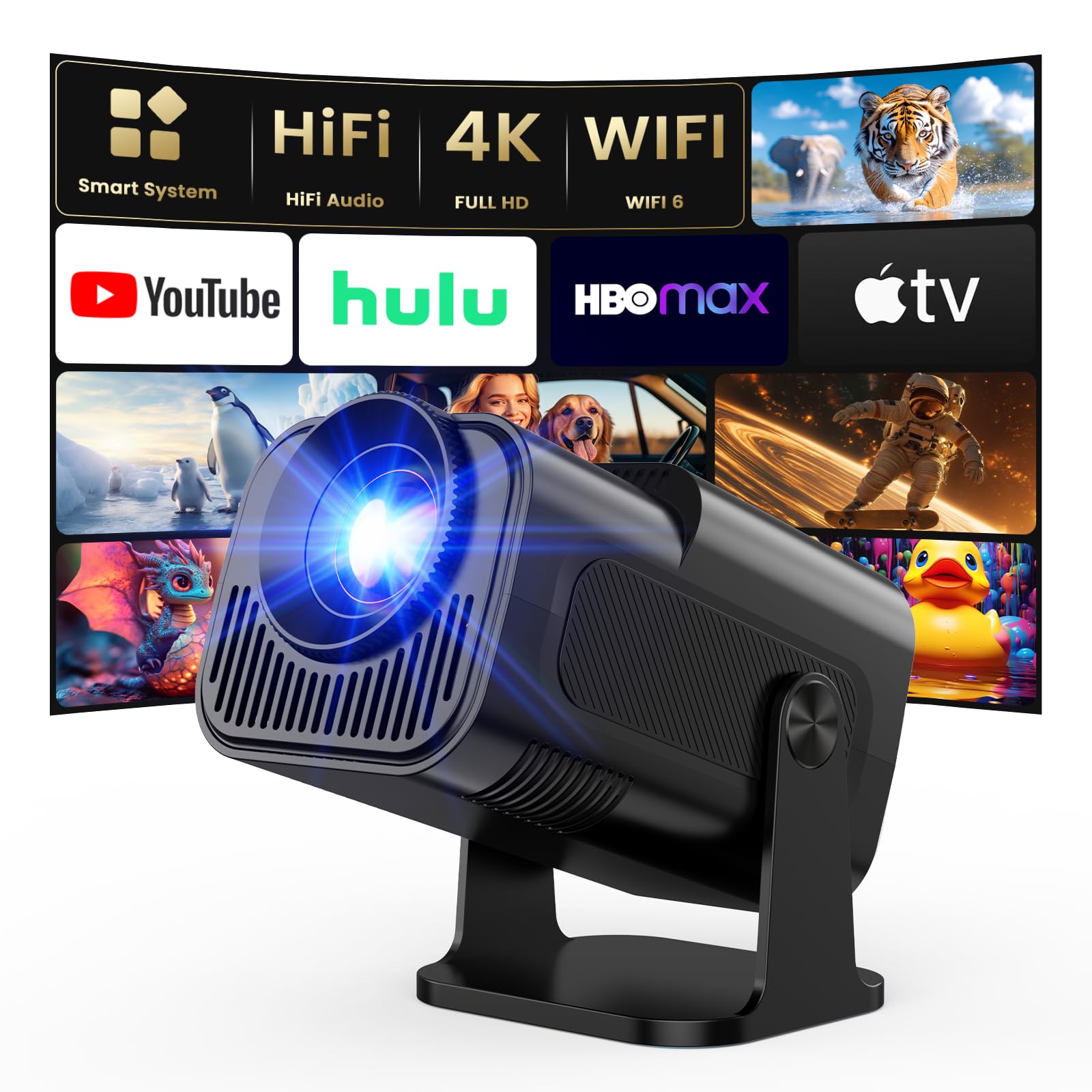 4K Projector with WiFi and Bluetooth, 1080P Native Mini Projector