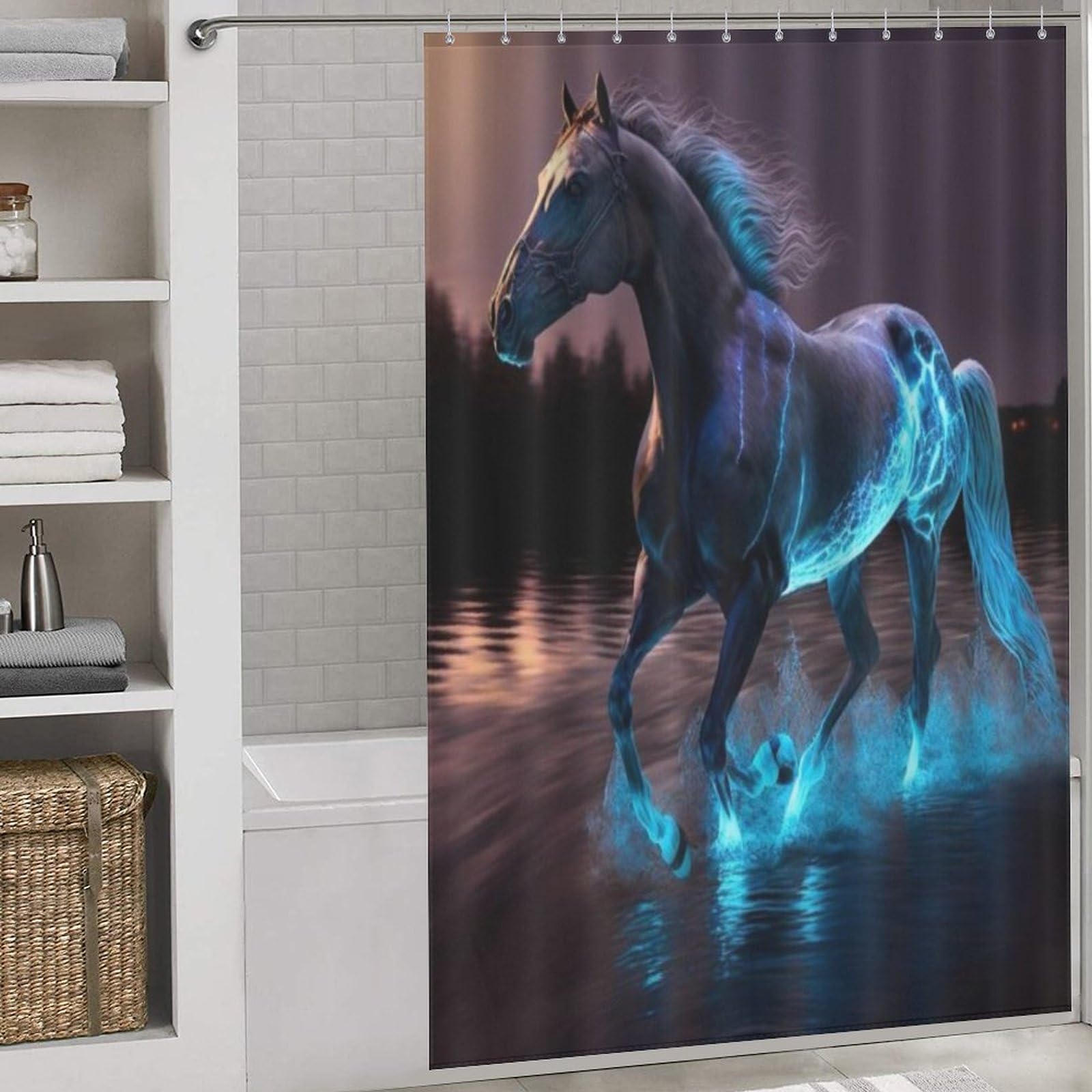 Rideau de douche lavable motif cheval en tissu imperméable pour éviter l'eau au sol