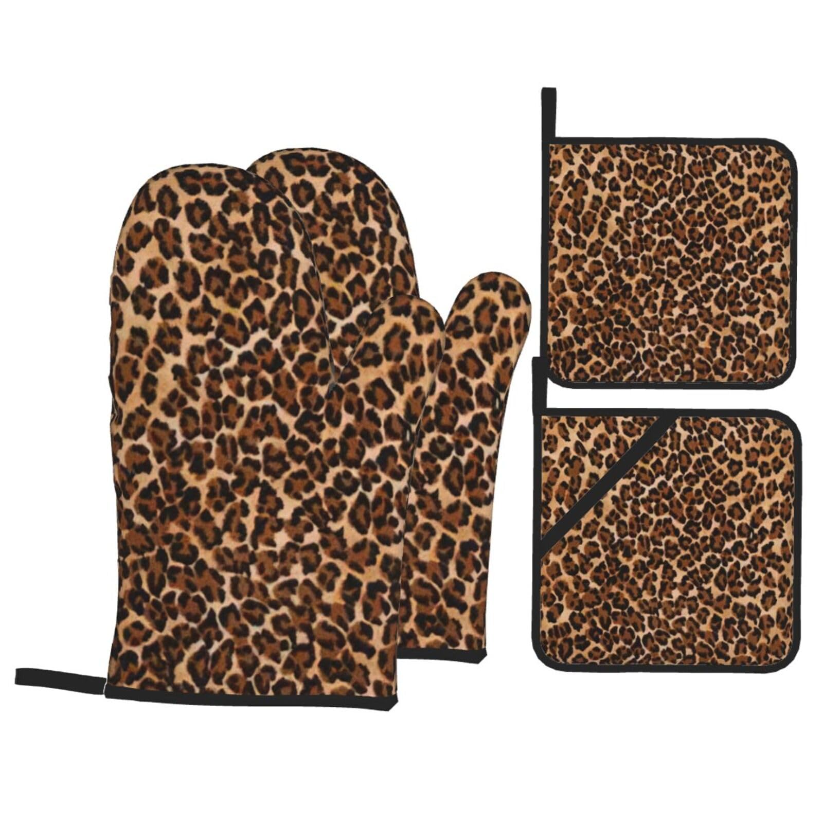 Leopard Pattern Print 4-Piece Heat-Resistant Oven Waterproof Kitchen Gloves Cooking Roasting Essential