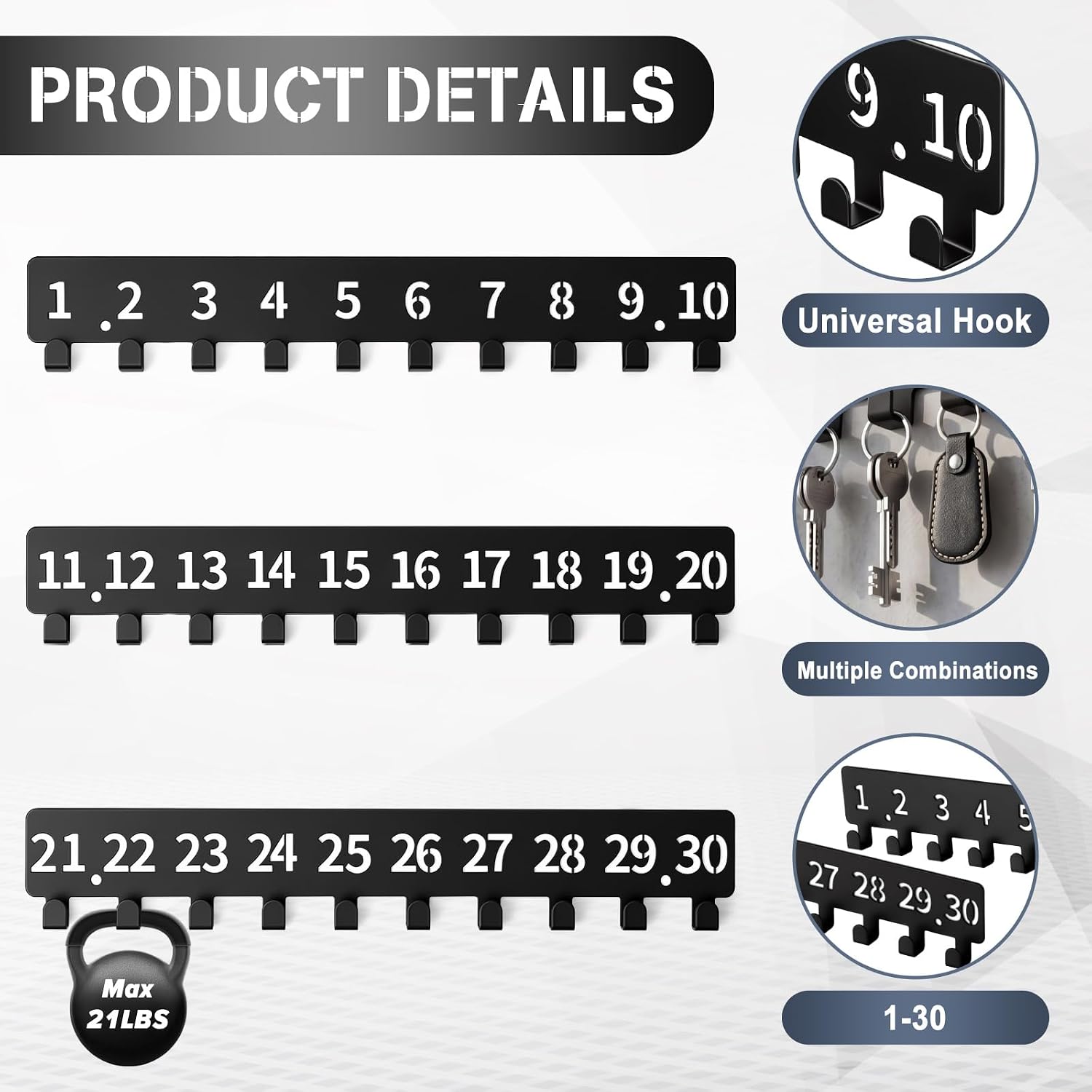 Key Holder Wall Mounted with 30 Hooks, Customizable Metal Key Organizer Rack with Numbered 1-30 Tags, Wall Mount Hanger for Apartment Office Hotel Garage Entryway, Black