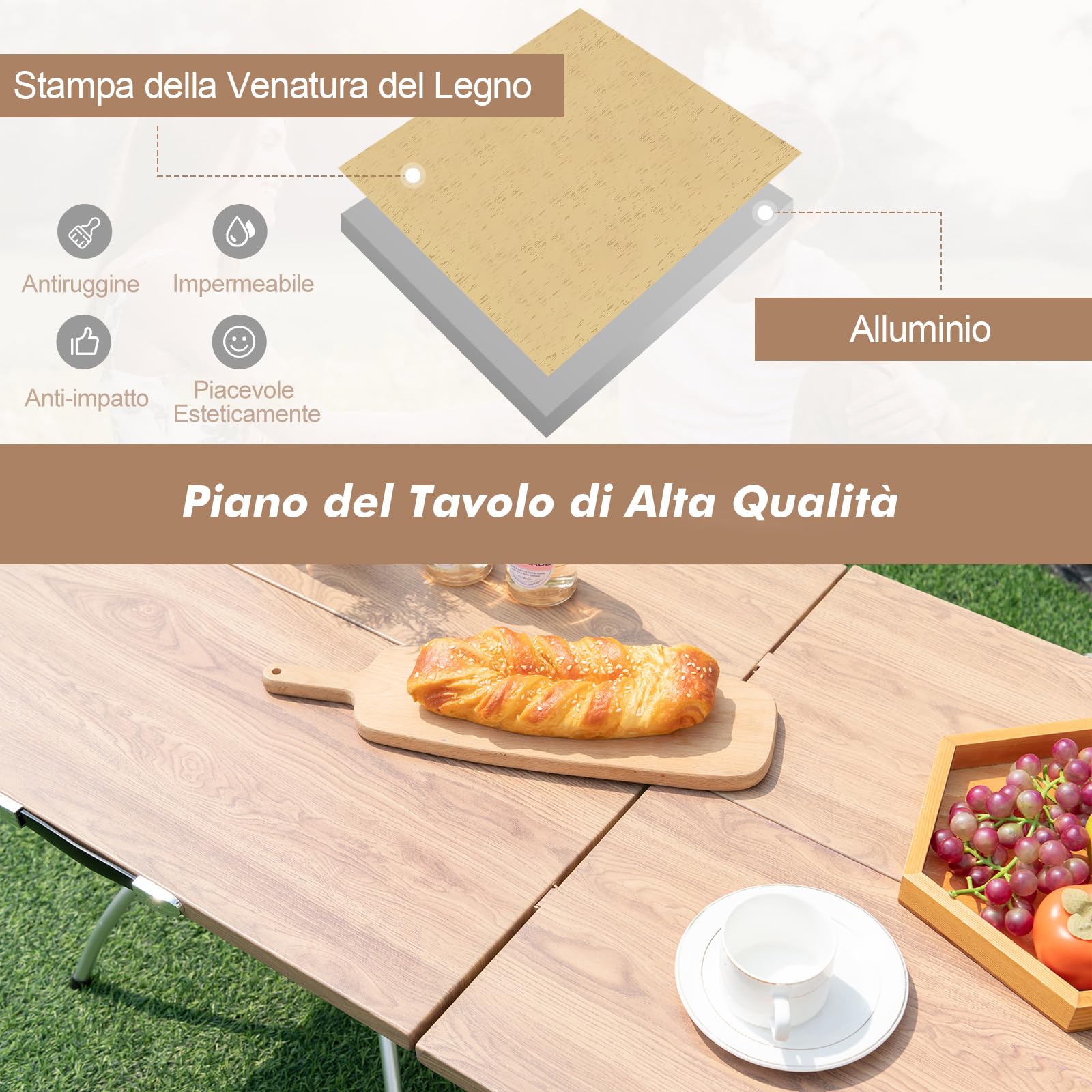 RELAX4LIFE Set 2 Tavoli da Picnic Pieghevoli in Alluminio, Estensibile 120x60 cm, Portatile per Campeggio/Pesca, Piano Finto Legno, Max 25 kg, Borsa Trasporto
