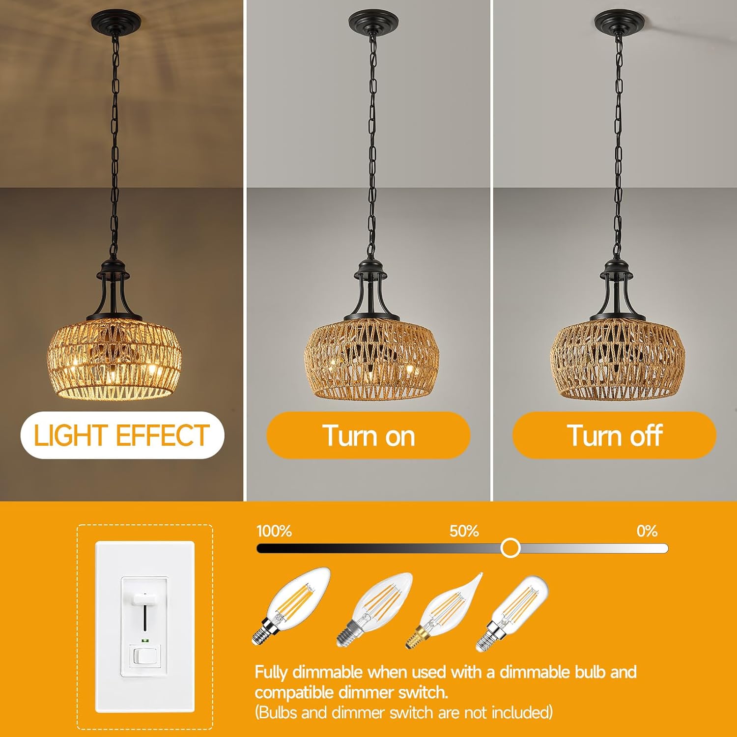 12.6" Chandeliers for Dining Room, 3-Light Rattan Chandelier with Rattan Lampshade, Adjustable Height Coastal Chandeliers, Vintage Pendant Lighting for Kitchen, Bedroom