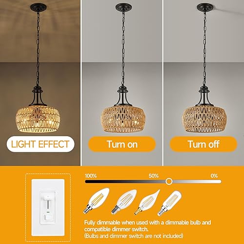 Miniatura 4 de Candelabro para entrada, candelabro bohemio de 3 luces con pantalla de mimbre, candelabros costeros de altura ajustable, iluminación colgante