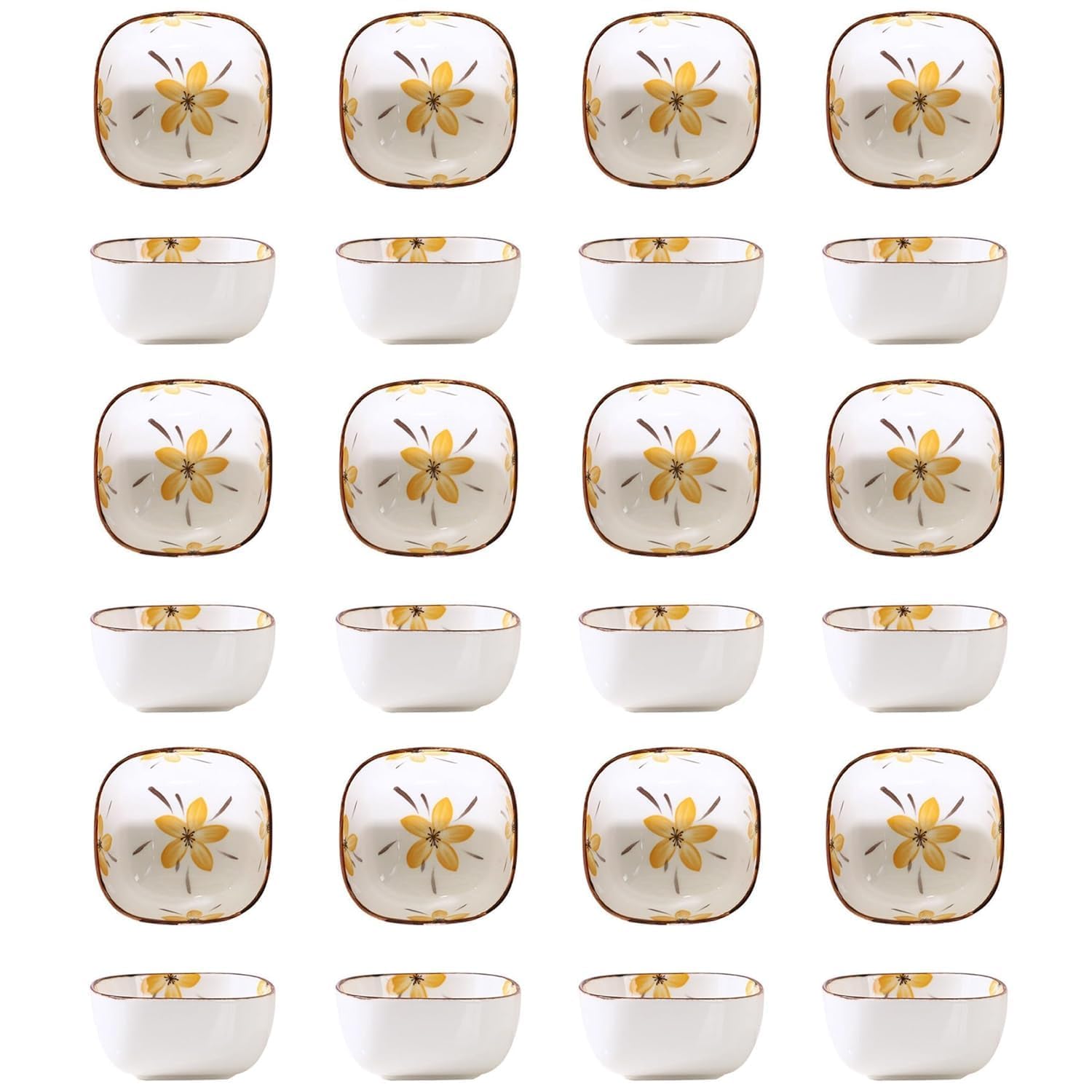 Porcelain Japanese Style Bowl Set with Floral Print | Small Noodle Bowls & Dipping Sauce Dishes | Multipurpose Seasoning, Barbecue Dip & Dinner Bowls for Home & Restaurants (12)