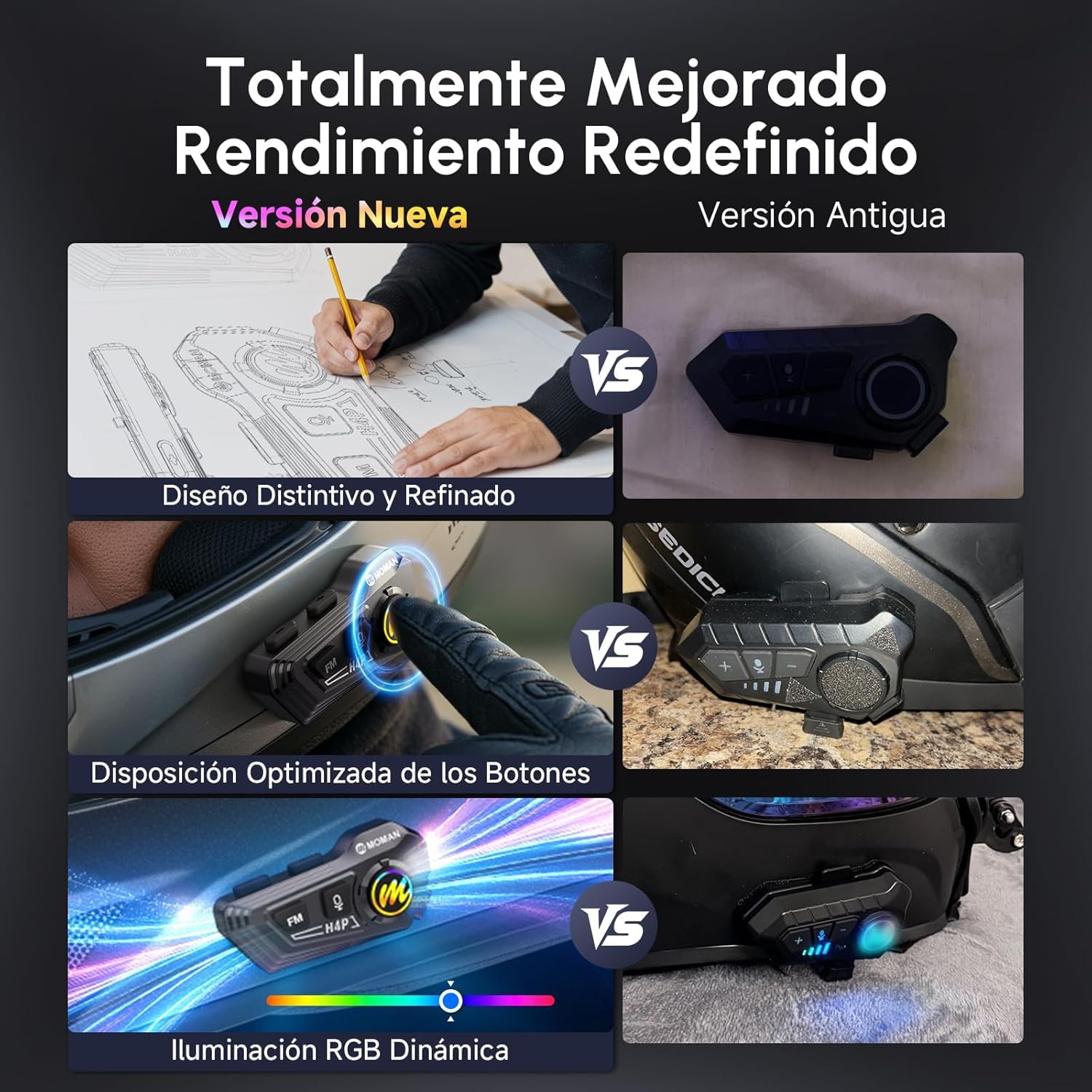 Moman Casco de moto H4P auriculares BT5.1 con altavoces Hi-Fi, doble reducción de ruido RGB/FM/manos libres/AI, control de voz AI, para un solo conductor (negro-H4P)