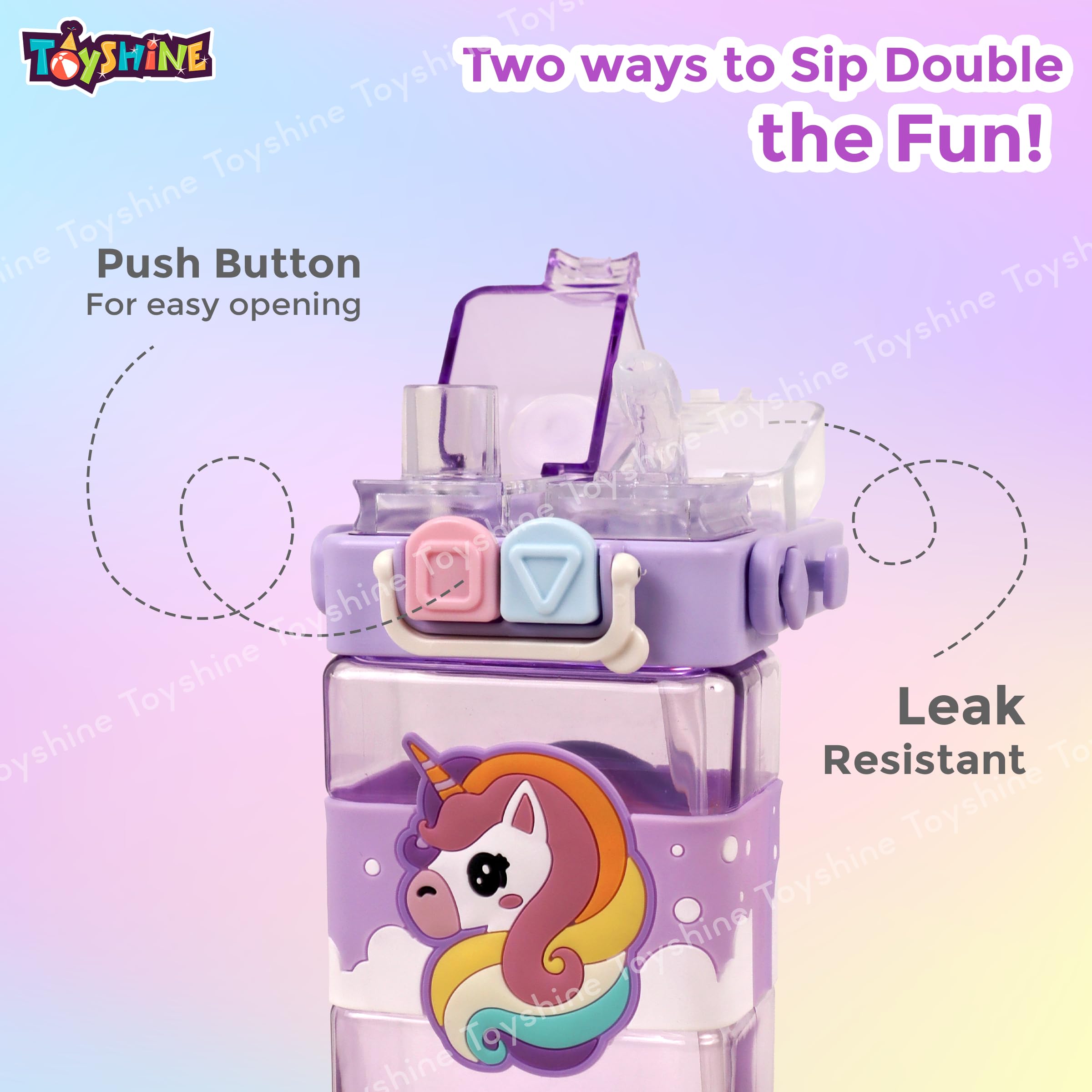 Toyshine 520ML Unicorn Theme BPA Free Water Bottle with Dual Cap | Double Drinking Straw Cup | Leak-Proof | Strap & Carry Handle | Portable Handheld Kids Tumbler Perfect for Travel Picnic Sport School - Image 4 thumbnail