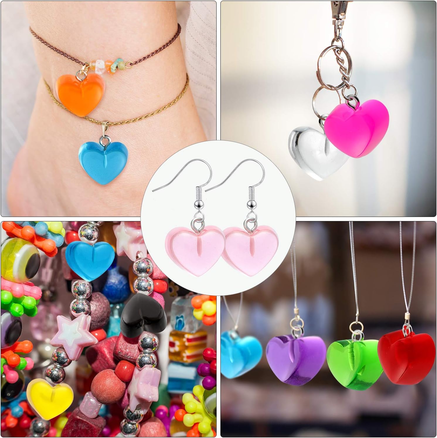 Hicarer 50 Pcs Heart Charms Pendant Colorful Love Heart Candy Keychains Charm Necklace Earring Pendant for DIY Jewelry Crafts Supplies