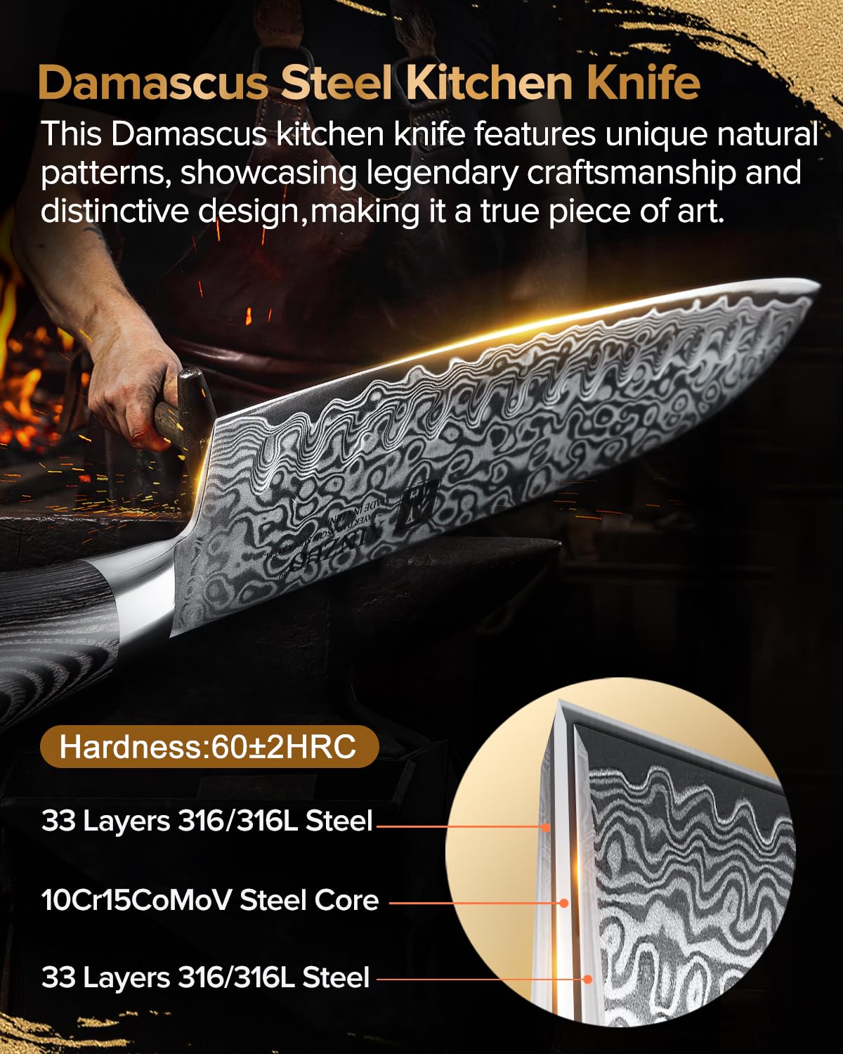XINZUO Acciaio Damasco 7 Pezzi Set Coltelli con Ceppo Portacoltelli,Professionale Acciaio ad Alto Tenore di Carbonio Coltello da Chef Santoku Affettare Universali Frutta,Forbici da Cucina-Ya Serie