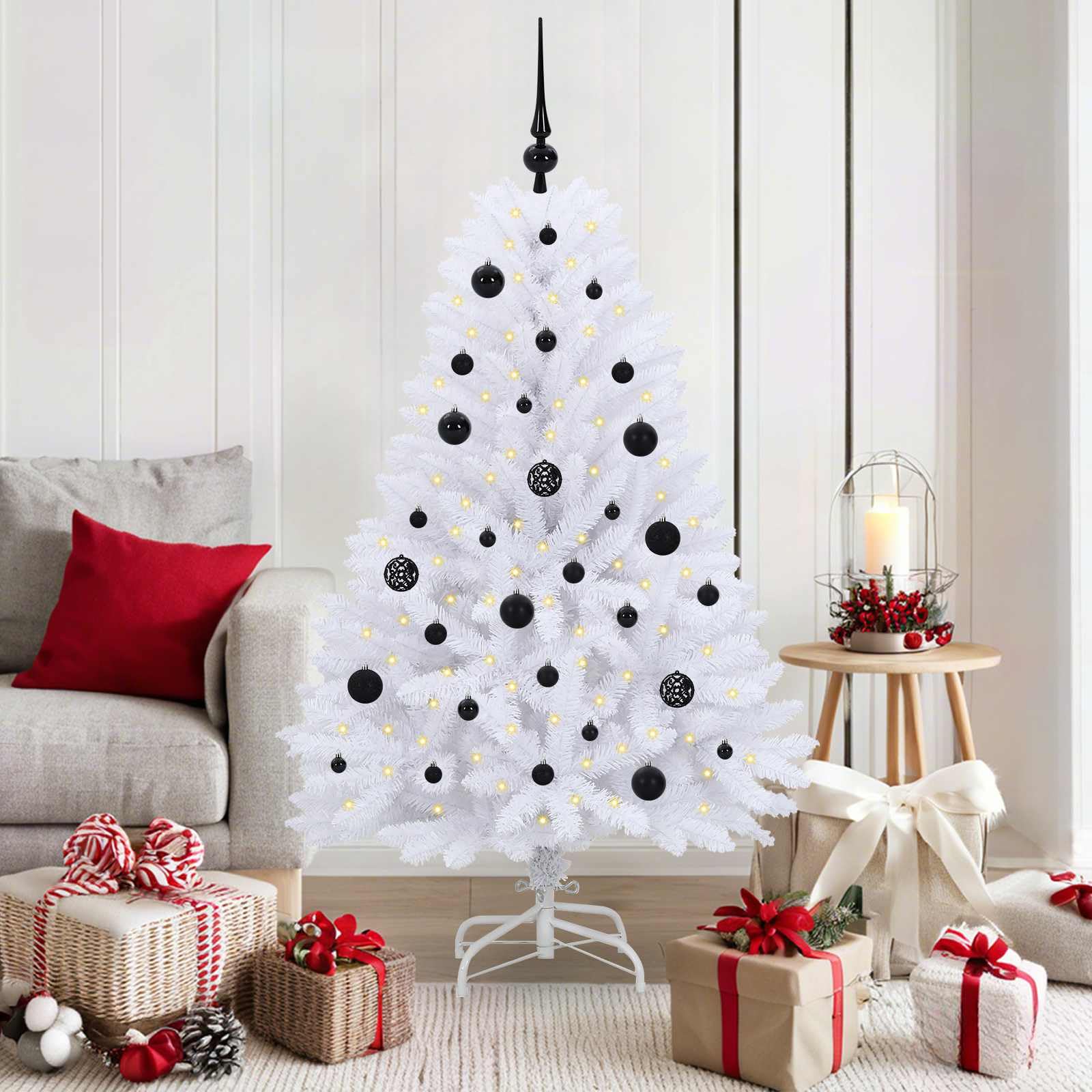 Albero di Natale artificiale pieghevole, bianco, 150 cm, in PVC e acciaio, con 150 luci LED, 8 modalità di illuminazione, alimentato tramite USB, robusto supporto in acciaio, ideale per