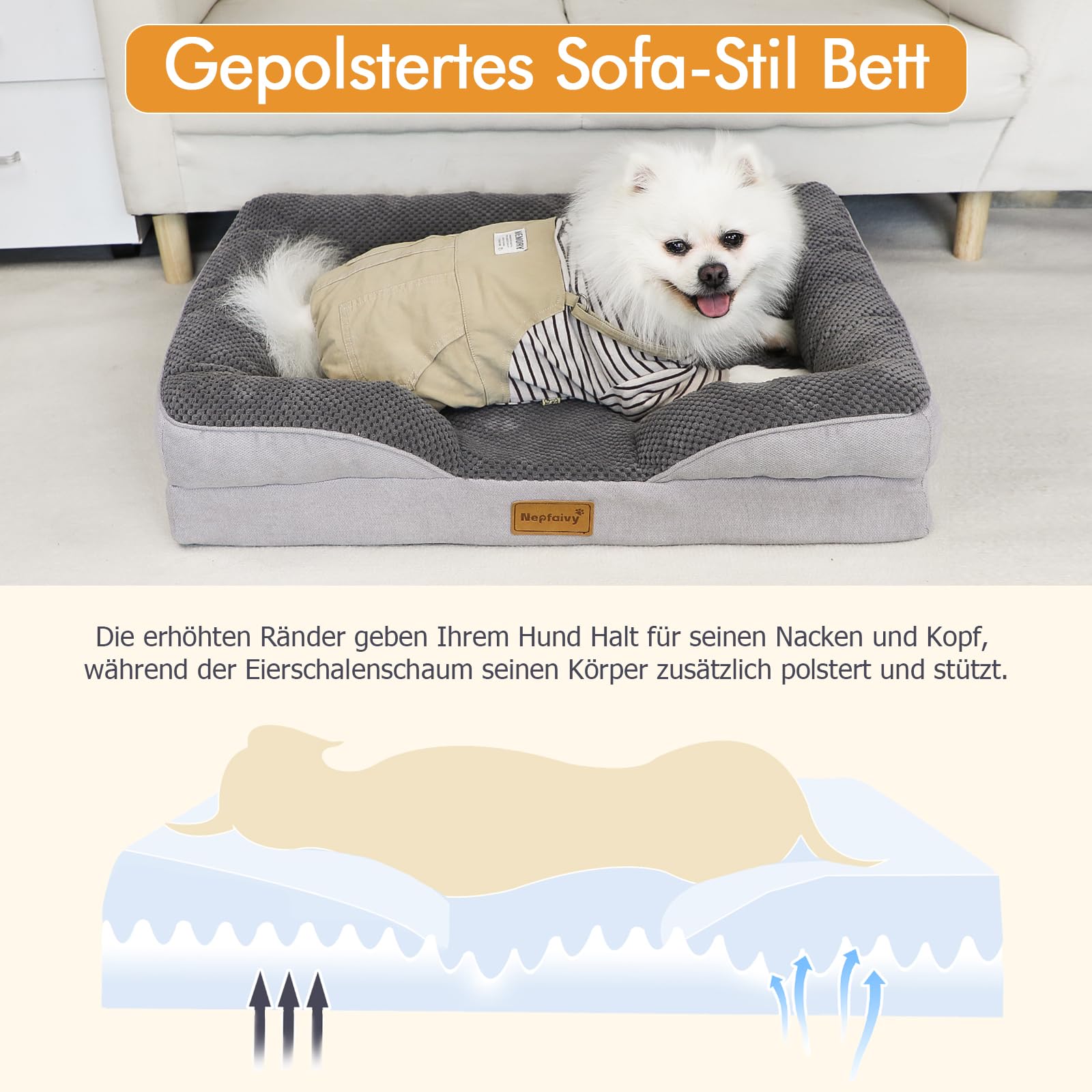 Nepfaivy Hundebett Grosse Hunde Orthopädisch - 111x80x17cm Hundekorb Hundesofa Waschbar mit Eiförmigem Schaumstoff, Hundecouch mit Hohem Rand und Rutschfestem Boden für Große Hunde
