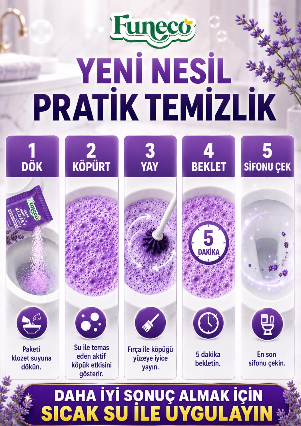 Funeco Tuvalet Klozet WC Lavabo Temizleyici Aktif Köpüklü Doğa Dostu 4x75g (300g) Aylık Paket – Lavanta Ferahlığı