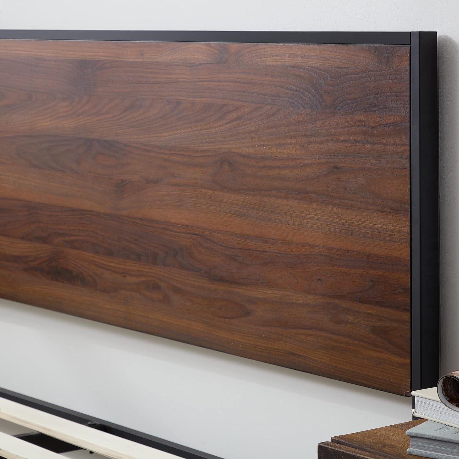 Edenbrook Bed Frame - Metal Platform Bed - Wood Headboard and Footboard - Box Spring Optional, Queen, Brown Oak